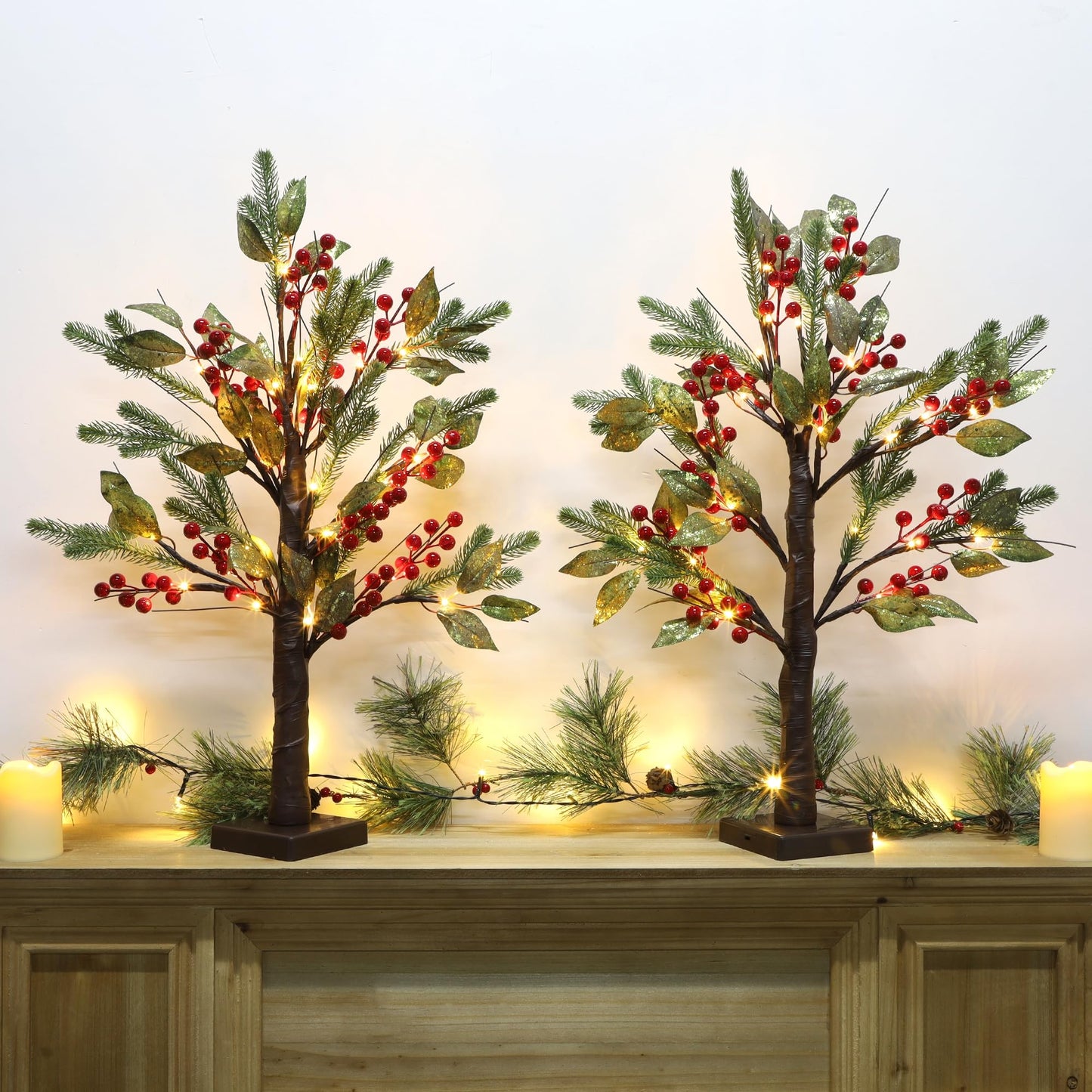 DR.DUDU 2 Pack Christmas Tree Decoration, Small Trees with Lights for Table, 24″ Pre-lit Artificial Christmas Tree Battery Operated with Red Berries Gold Leaves for Xmas Tabletop Indoor Home Decor