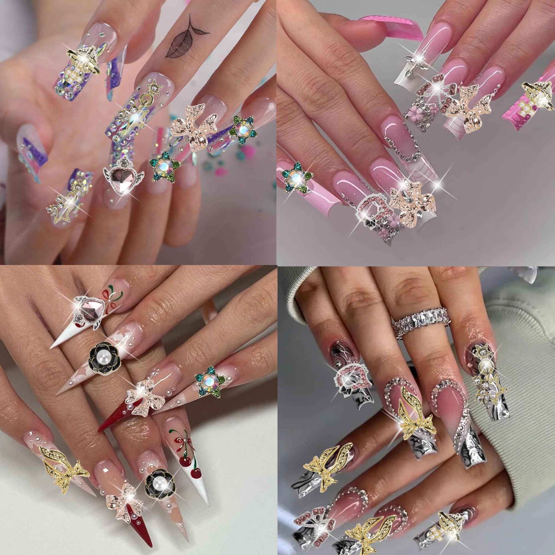 COOSLIM 30PCS Nail Charms Y2k Alloy Nail Art Rhinestone Charms 3D Heart Star Bow Butterfly with Rhinestones Cross Flower Nail Gems Shiny Jewelry Planet Nail Decorations Accessories Supplies A