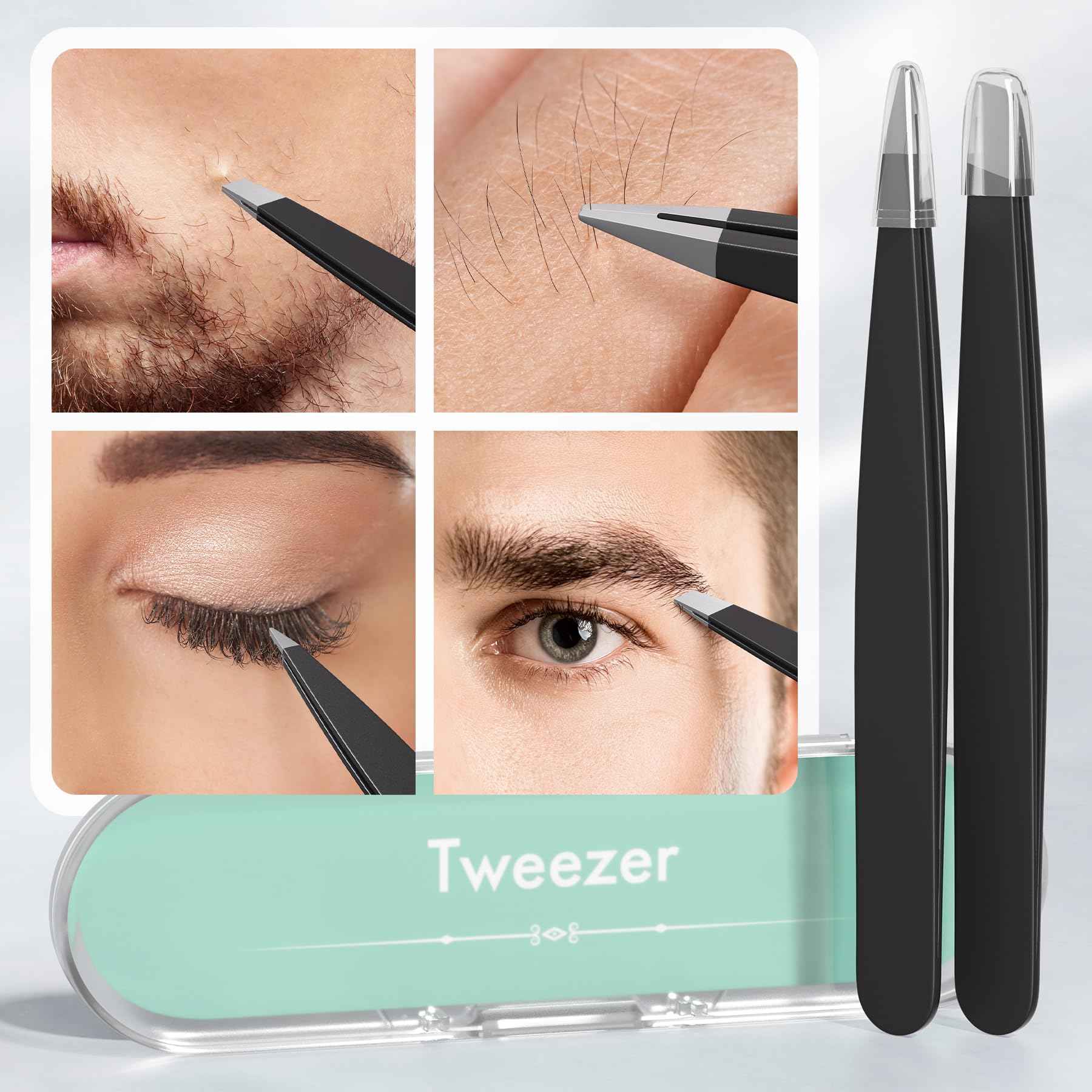 EZ2LIVE Tweezers for Women Facial Hair, Slant & Point Tip 2 Pack Eyebrow Tweezers for Men, Professional Tweezer Set Stainless Steel Precision Tweezers for Eyebrows, Splinter, Ingrown Hair Removal