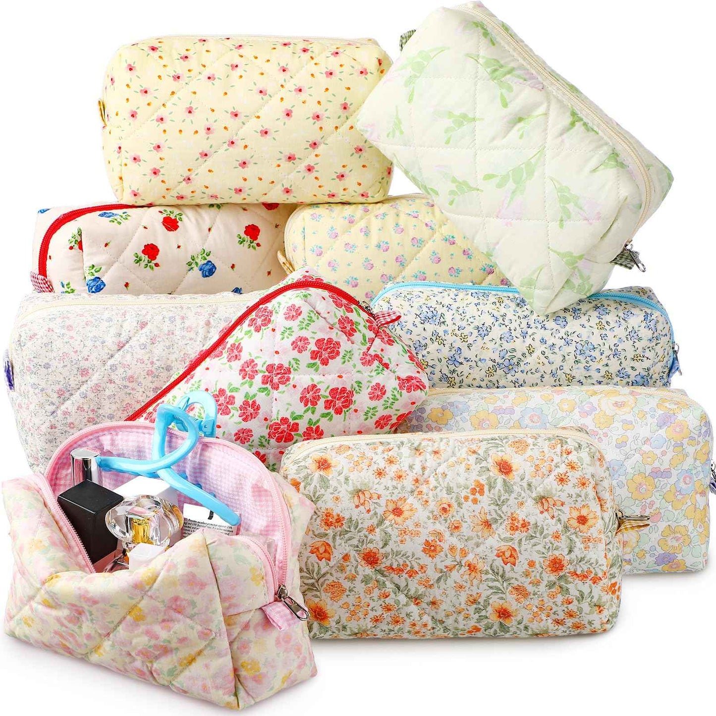 Paterr 10 Pcs Cotton Quilted Makeup Bag Bulk Cute Cosmetic Bag for Women Floral Gingham Coquette Aesthetic Travel Toiletry Pouch Bags Bridesmaid Gifts(Classic Style,7.87 x 4.72 x 3.15 Inches)