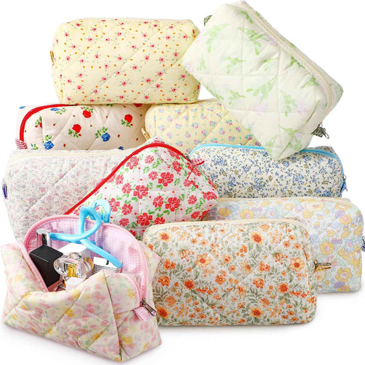 Paterr 10 Pcs Cotton Quilted Makeup Bag Bulk Cute Cosmetic Bag for Women Floral Gingham Coquette Aesthetic Travel Toiletry Pouch Bags Bridesmaid Gifts(Classic Style,7.87 x 4.72 x 3.15 Inches)