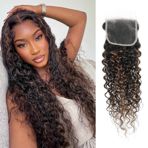 Anmetan Honey Blonde Highlight Black and Brown 4x4 Closure Water Wave Human Hair, 12A Wet and Wavy Color F1B30 Ombre 100% Remy Hair Pre Plucked with Baby Hair Free Part Hairline 4x4 Lace Closure 14 In