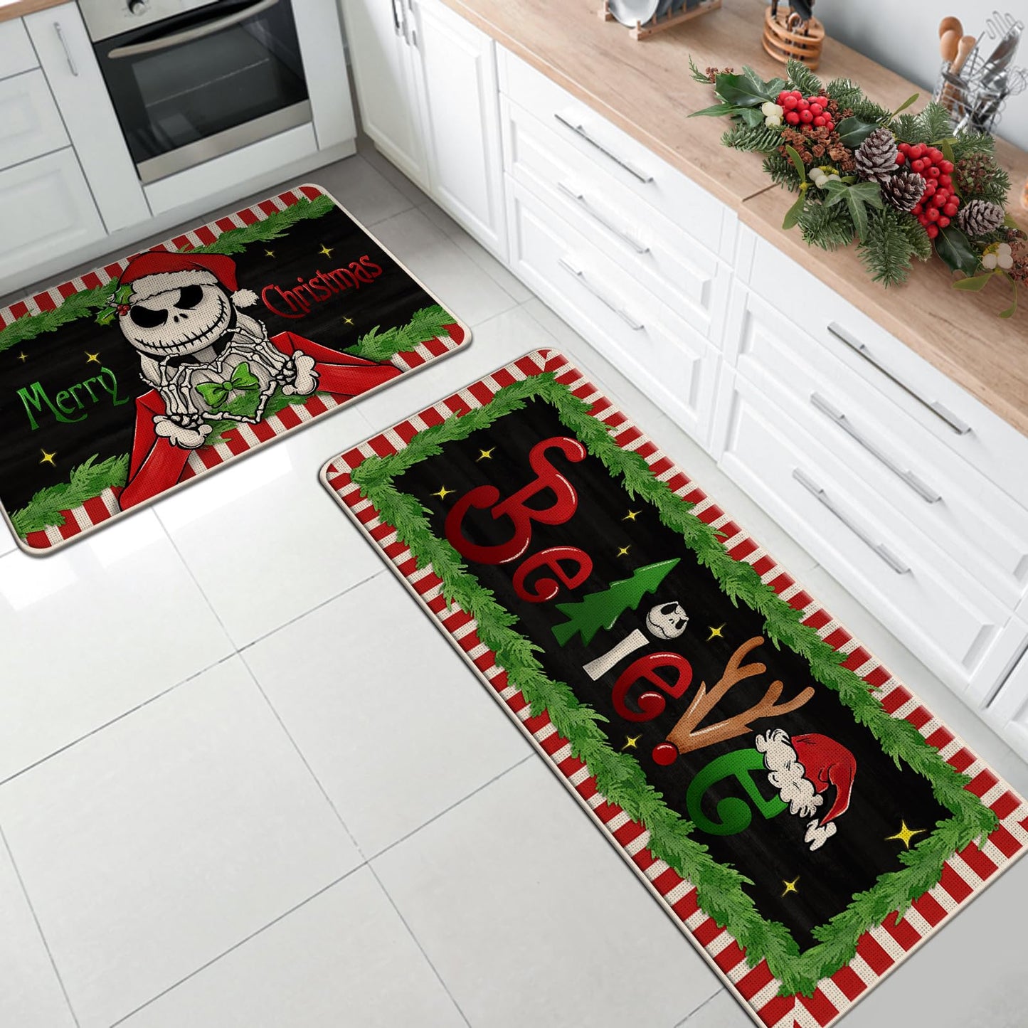 Tailus Merry Christmas Believe Kitchen Rugs Set of 2, Xmas Jack Skellington Kitchen Mats Decor, Funny Holiday Party Floor Door Mat Home Decorations -17x29 and 17x47 Inch