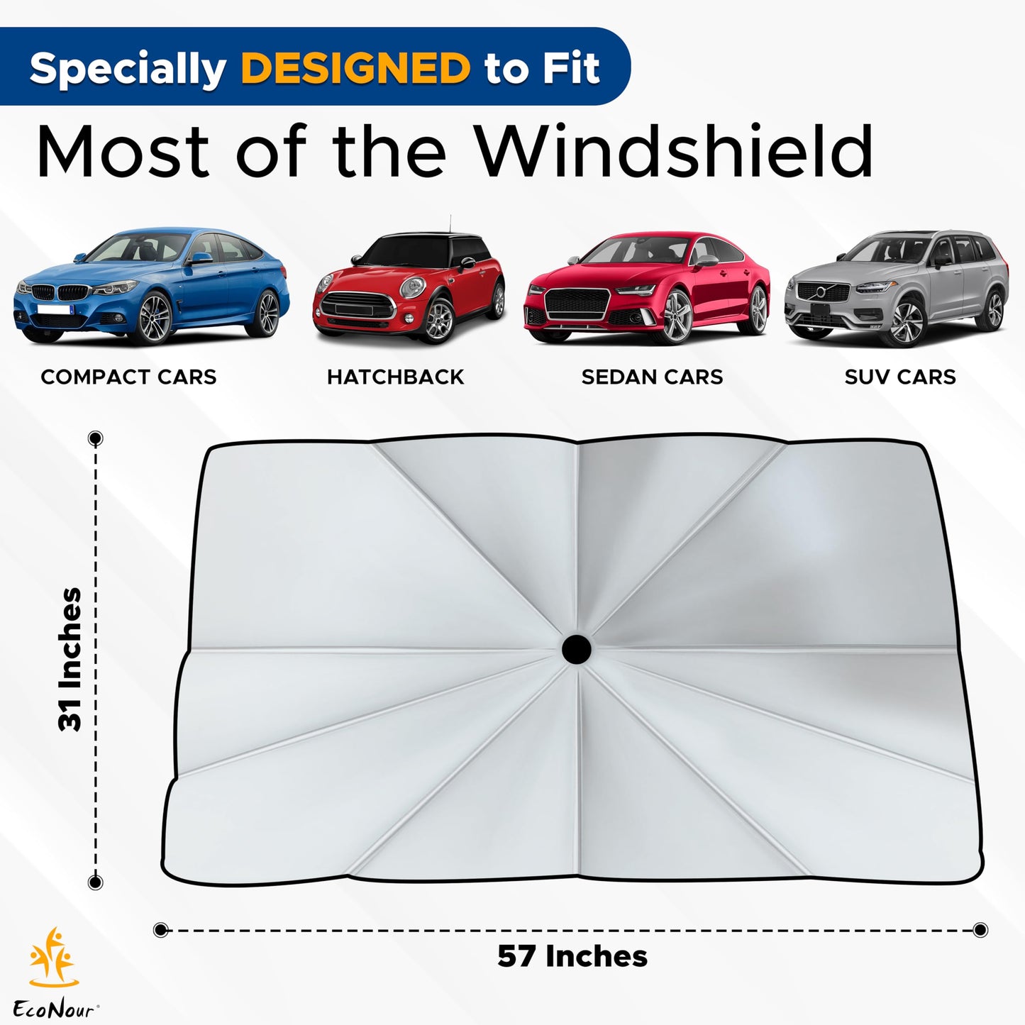 EcoNour Car Windshield Sun Shade - Umbrella Car Sun Shade, Foldable Car Windshield Cover, Protect Interior from UV & Keep Car Cooler, Easy to Store and Use for Auto Sedan, SUV, Trucks (57 x 31 inches)