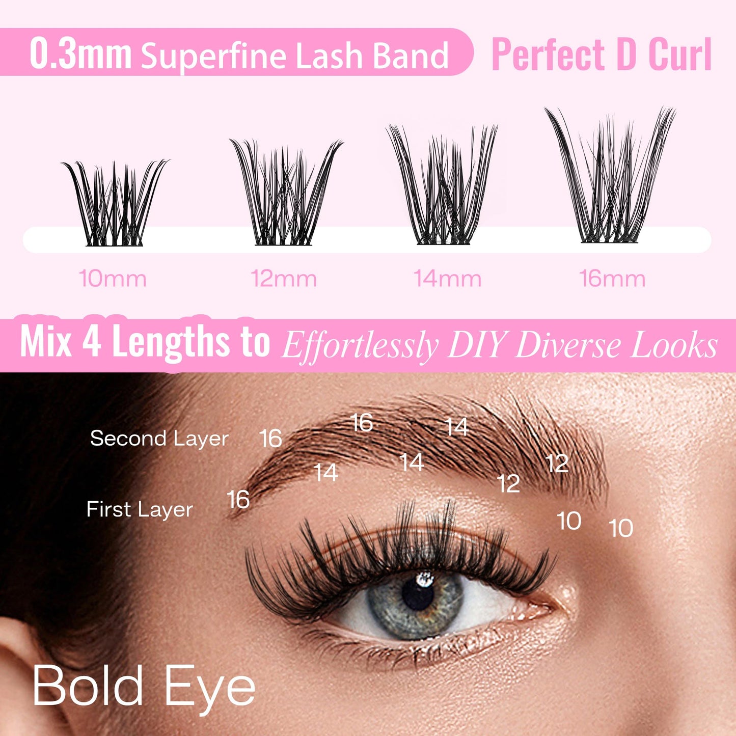 CALAILIS Cluster Lashes, 144Pcs D Curl Lash Clusters DIY Lash Extensions Mega Volume Eyelash Clusters Reusable Wispy Individual Lashes Super Thin Band and Soft (DD506, D-10-16MIX)