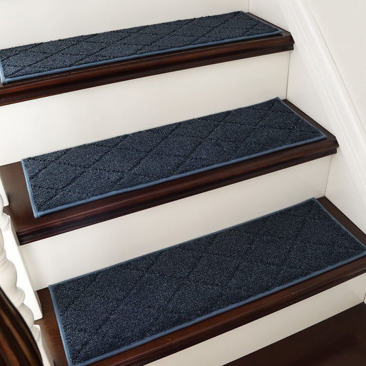 COSY HOMEER Edging Stair Treads Non-Slip Carpet Mat 28inX9in Indoor Stair Runners for Wooden Steps, Edging Stair Rugs for Kids and Dogs, 100% Polyester TPE Backing (4pc, Navy)