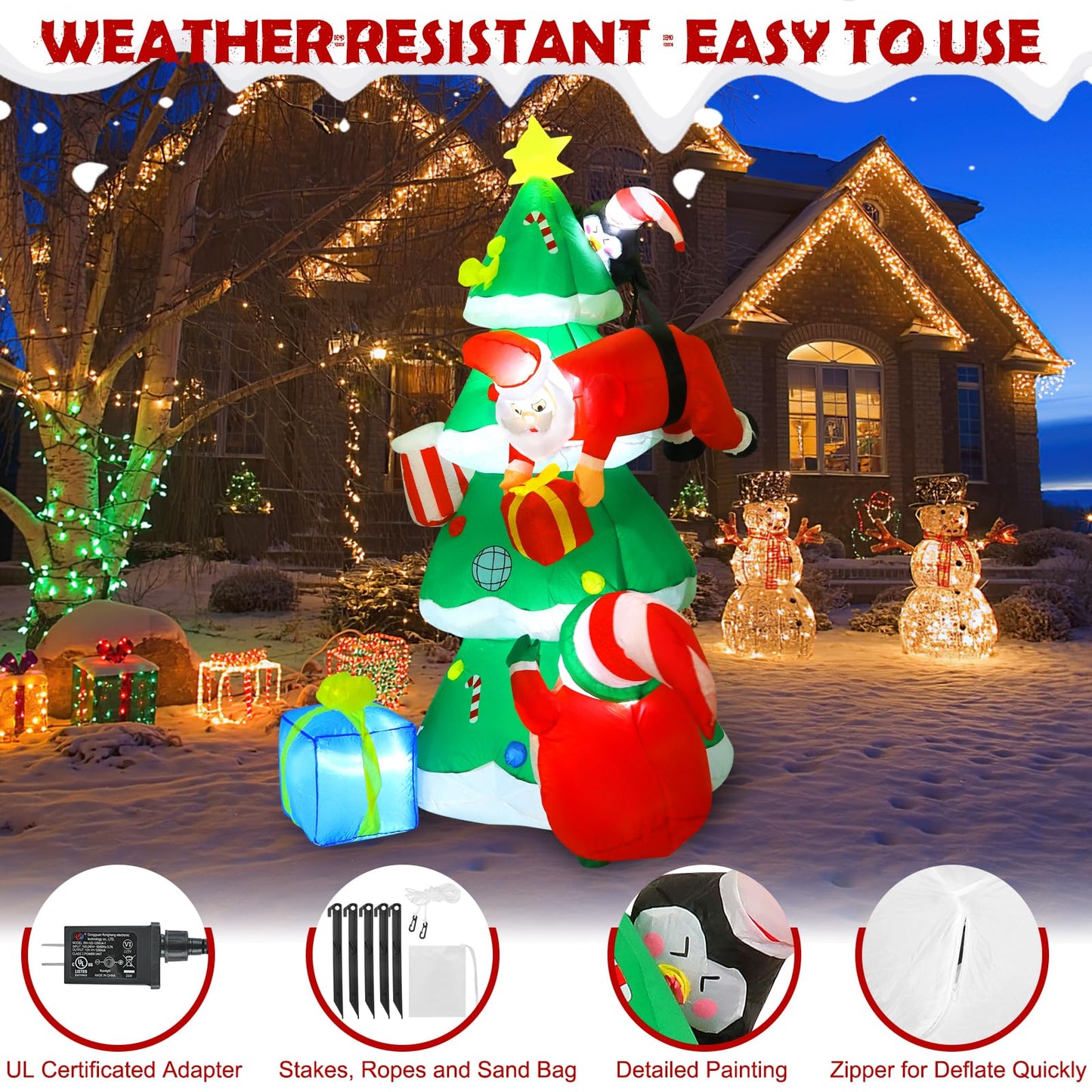 PAETAE 7FT Christmas Blow Up, Inflatable Christmas Tree Santa Gnome Penguin, Christmas Inflatables Yard Outdoor Decorations with LED Lights