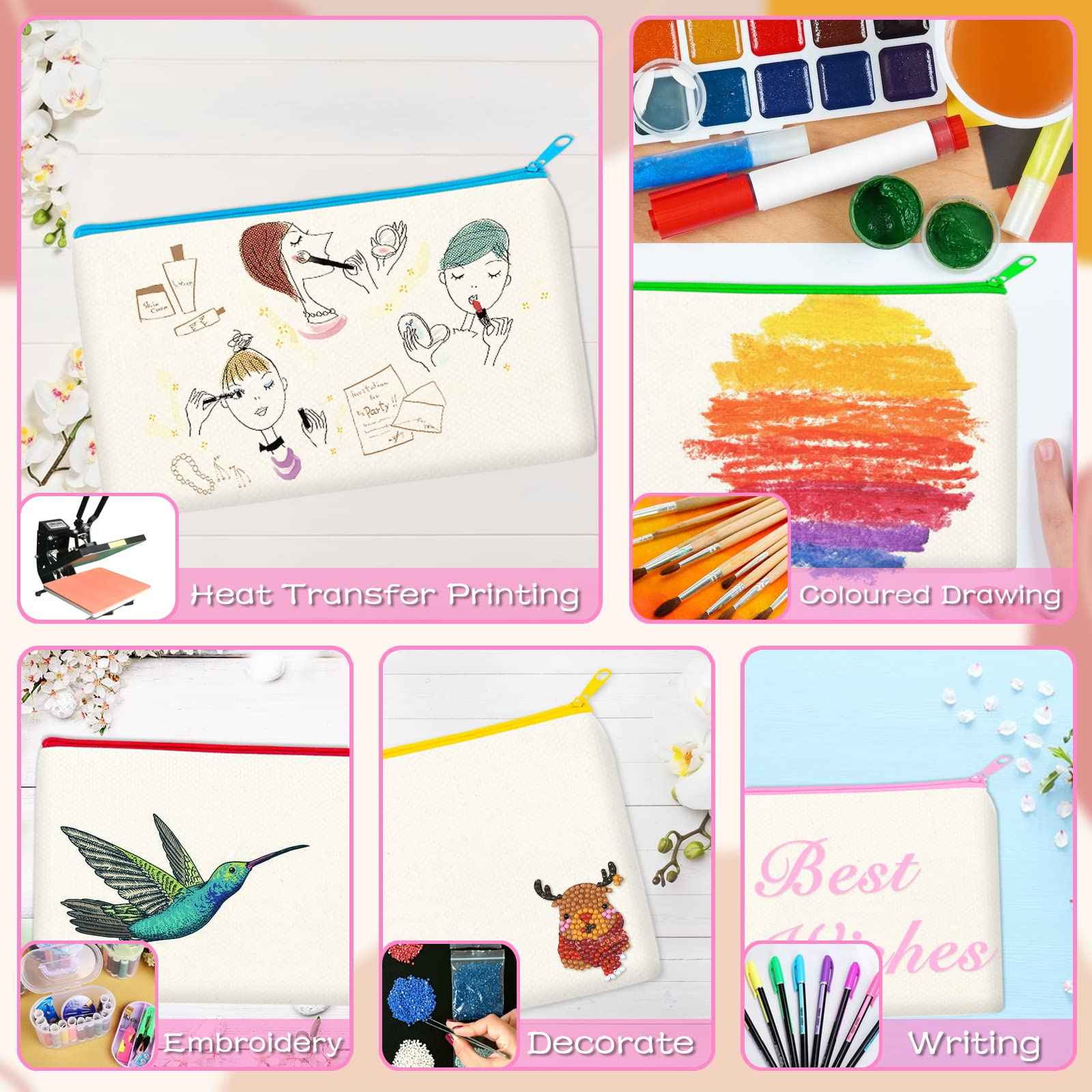 ZeeDix 12 Packs 8.3 x 5 inches Blank DIY Craft Bag Canvas Zipper Pouch- Beige Canvas Makeup Zipper Pouch Bags Multipurpose Cosmetic Bag, Travel Toiletry Bag for Storage