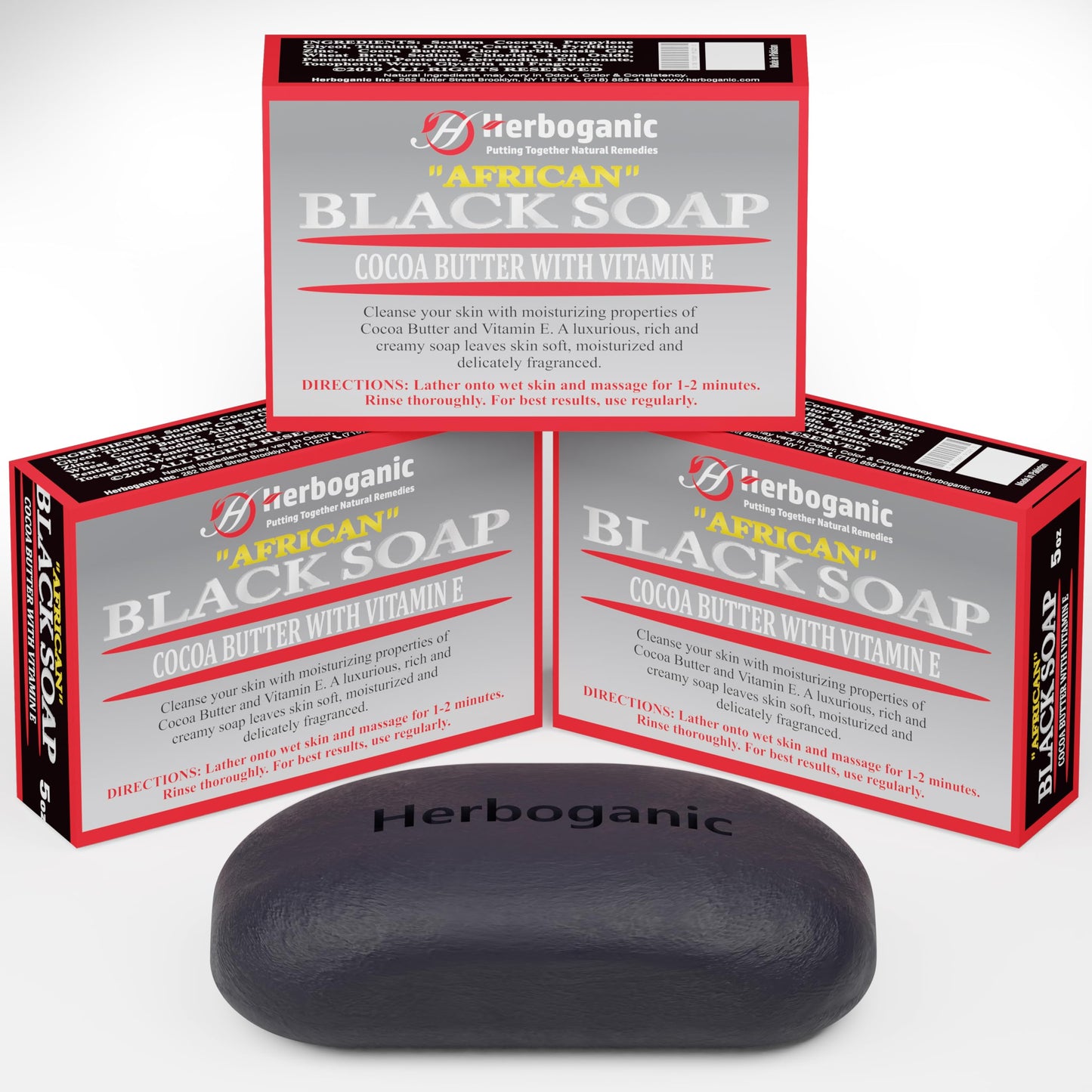 HERBOGANIC Black Soap with Cocoa Butter and Vitamin E | Natural Bar Soap for Face and Body | Relaxing and Nourishing | Gentle for Men and Women | 5 Oz (Pack of 3)…