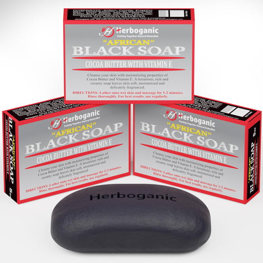 HERBOGANIC Black Soap with Cocoa Butter and Vitamin E | Natural Bar Soap for Face and Body | Relaxing and Nourishing | Gentle for Men and Women | 5 Oz (Pack of 3)…