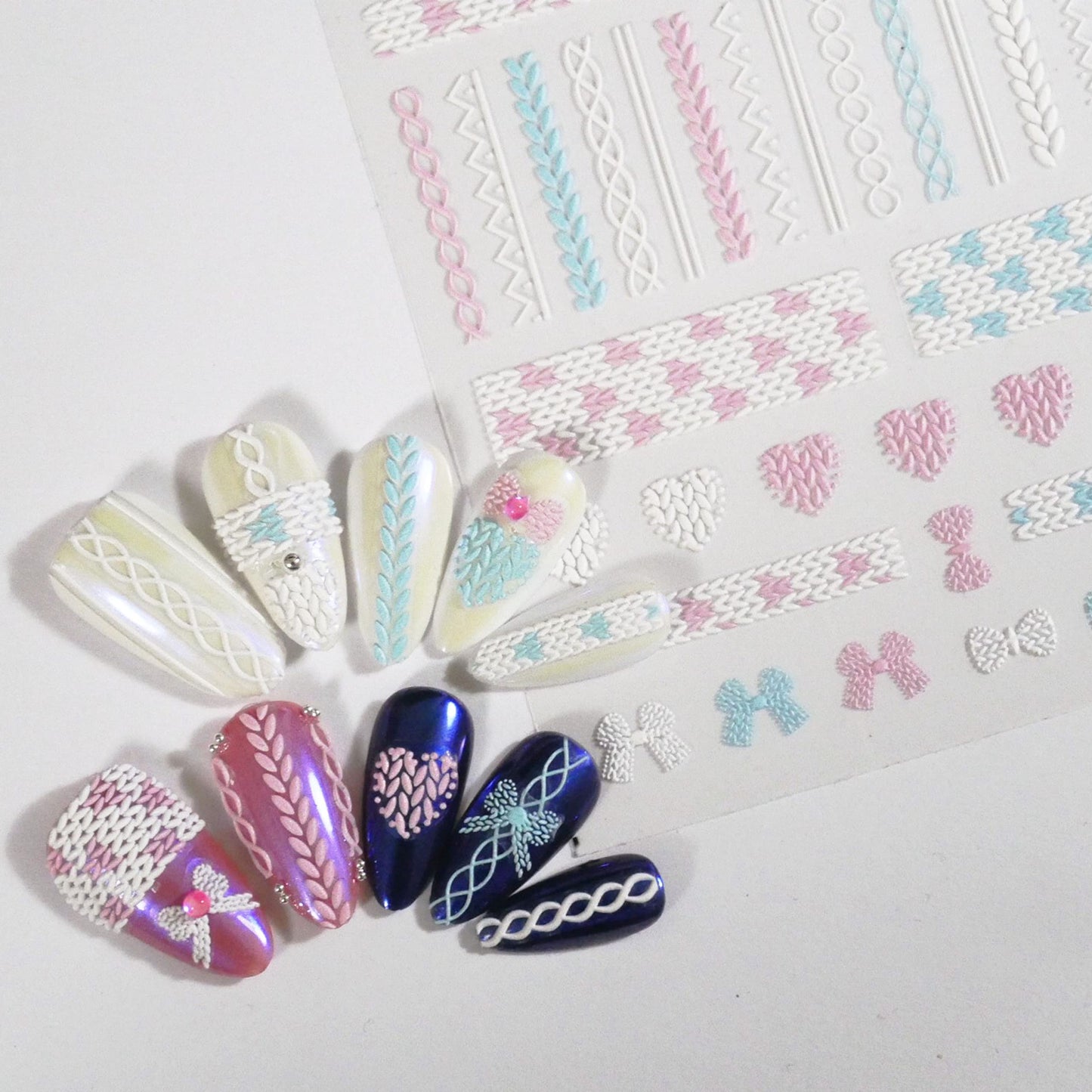 3pcs Winter Snow Flake Sweater Knit Beanie Nail Stickers 3D Embossed Peel Off White Fall Nail Decals