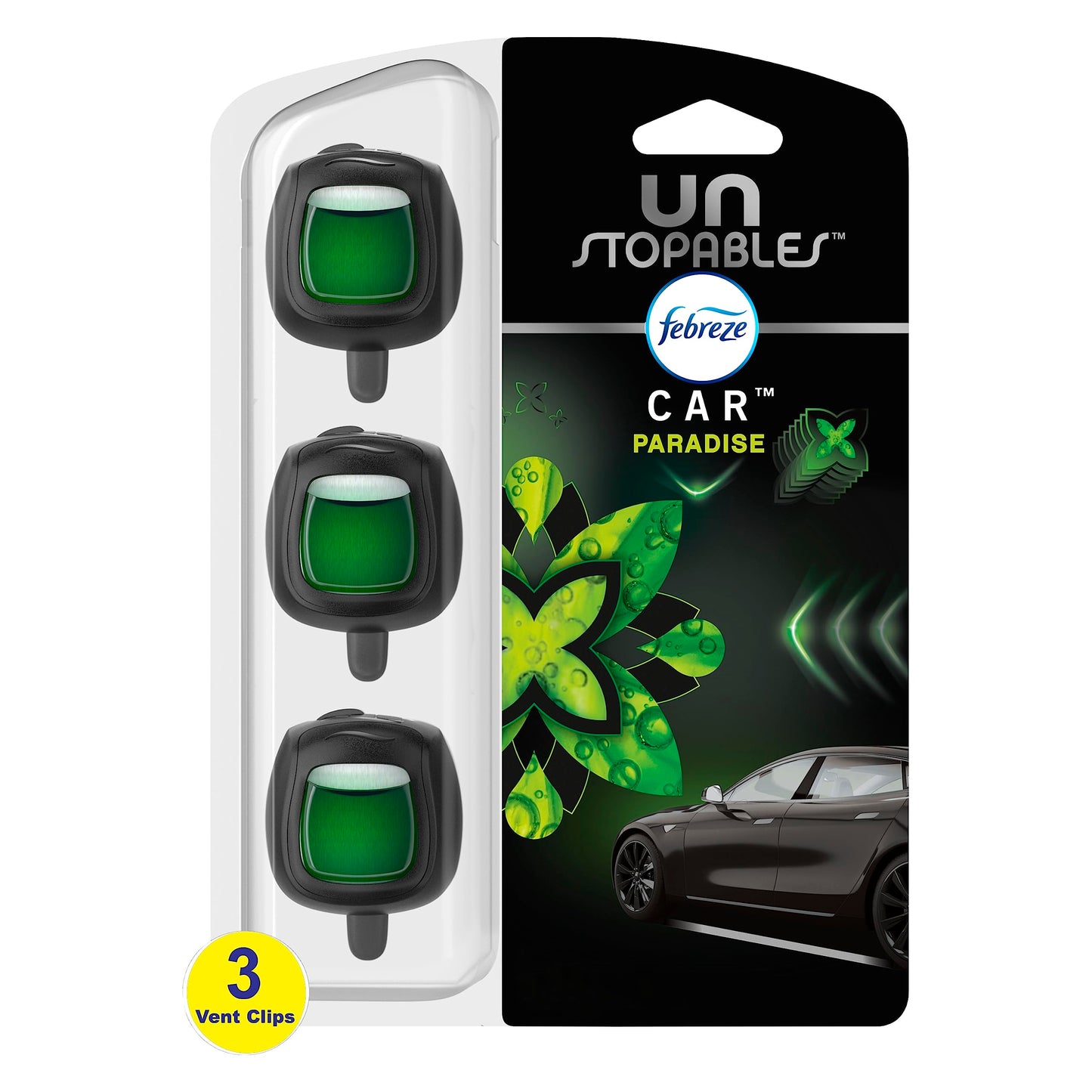 Febreze Unstopables Car Odor-Fighting Car Freshener Vent Clip Paradise Scent, .07 oz. Car Vent Clip, 3 Count and Stay-Fresh Storage Case