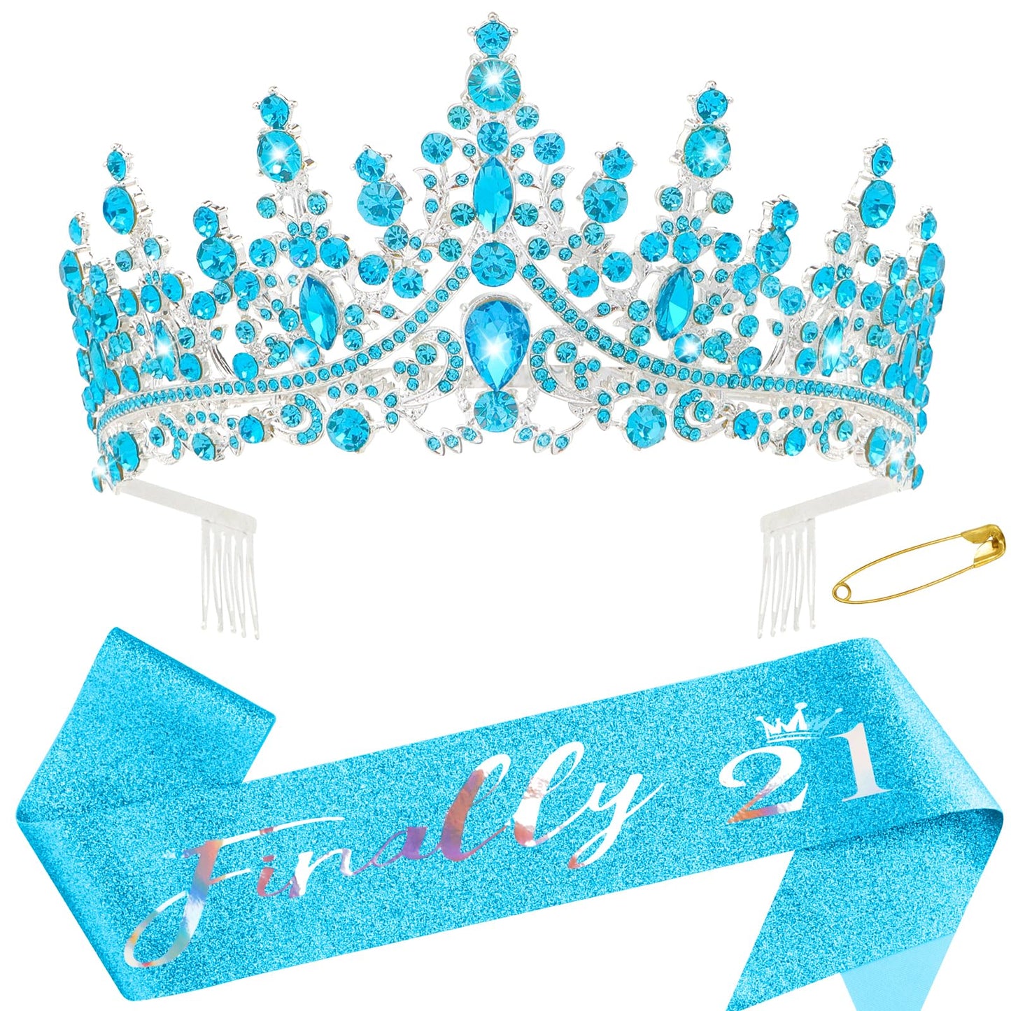 Canitor 21st Birthday Sash and Tiara Set 21st Sparkling Birthday Crown Dazzling Birthday Sash 21st Birthday Decorations 21st Birthday Gifts for Her Blue