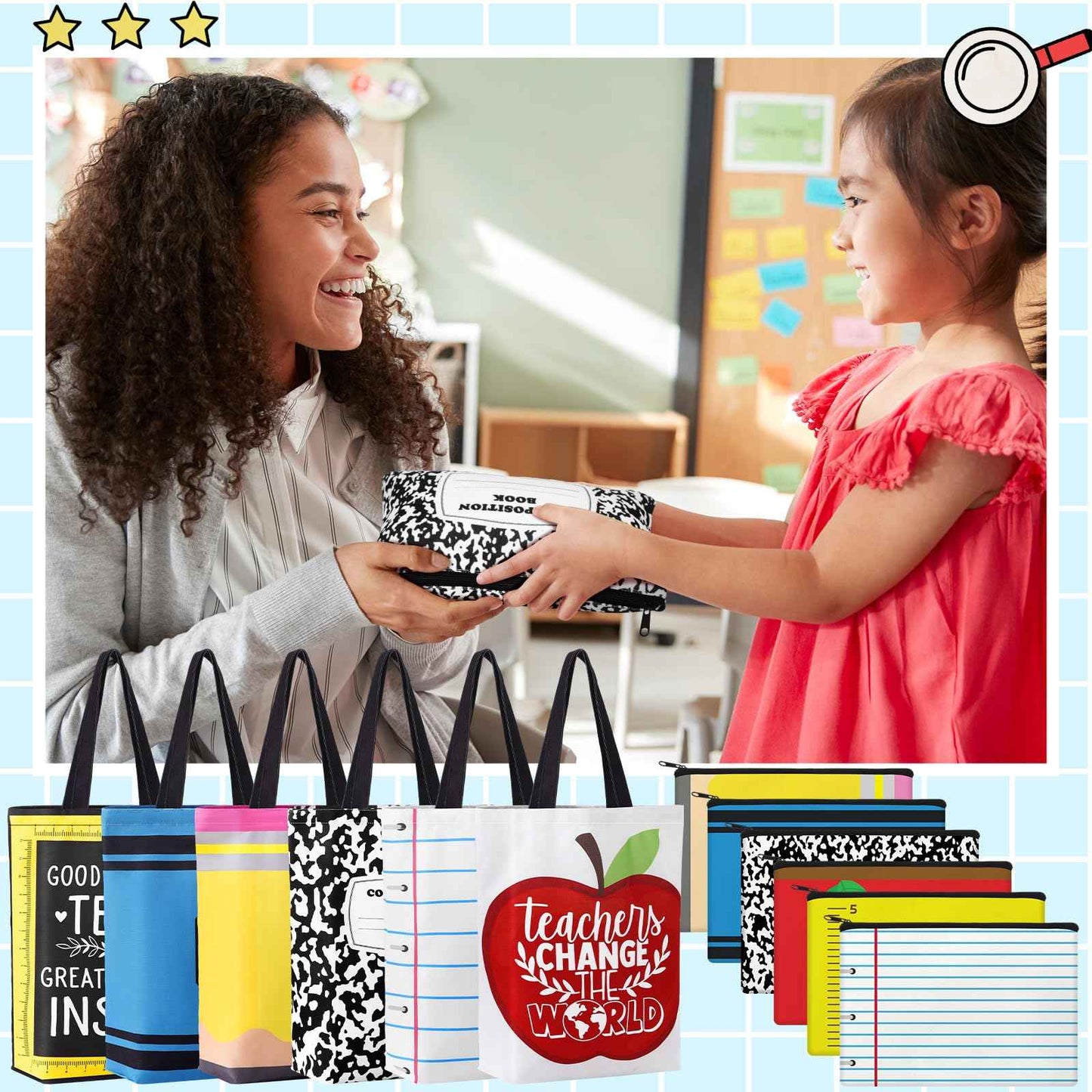 Paterr 12 Pcs Christmas Teacher Appreciation Gift Bulk 6 Canvas Tote Bag and 6 Makeup Bag Thank You End of Year Teacher Gifts Stocking Stuffer for Women Employee Coworker Office Supplies