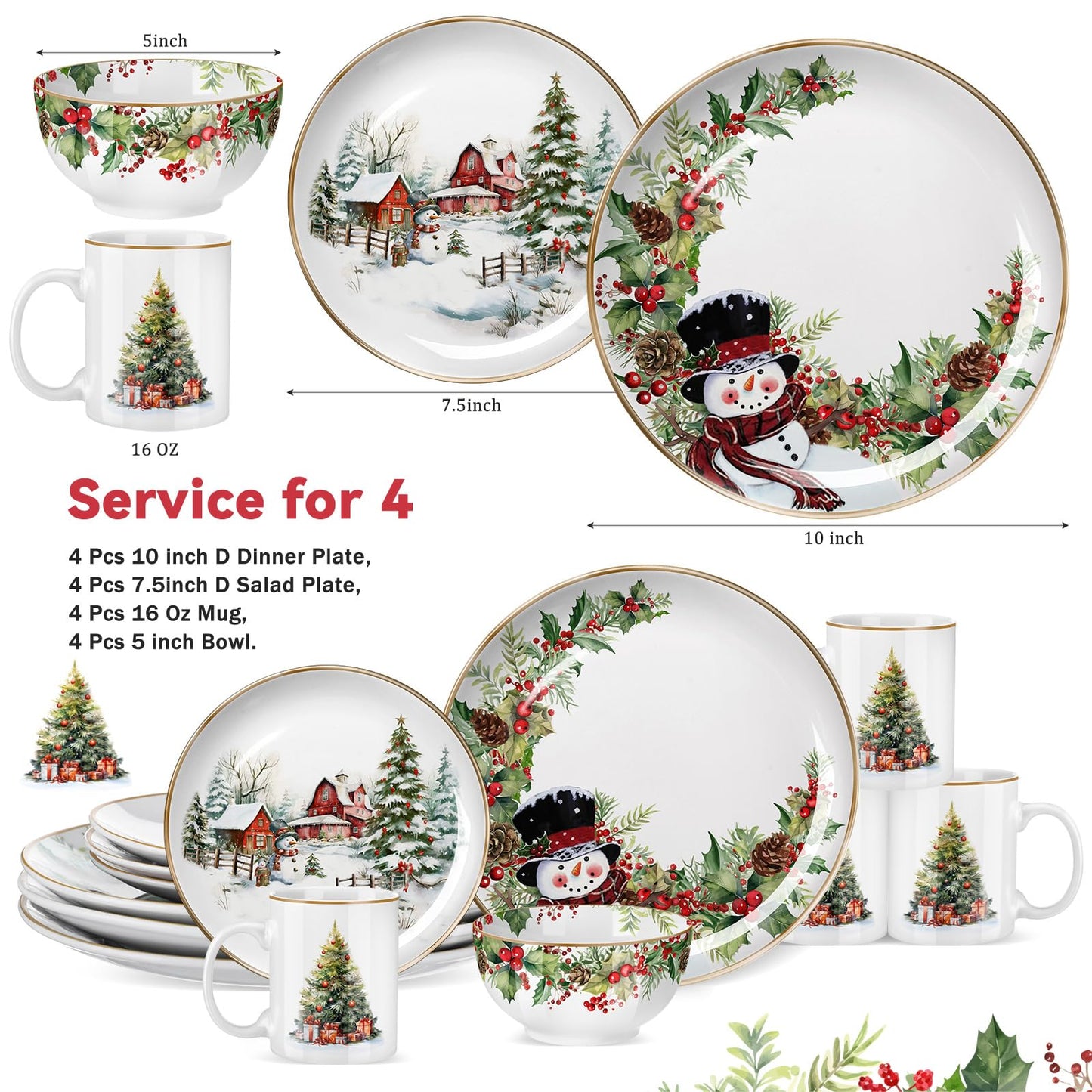 16 Pcs Christmas Tree Dinnerware Set for 4 Holiday Dishes Snowman Dinner Plates Festive Collection Dishes Village Holly Ivy Ceramic Gifts Dessert Plates Bowl Mug Kitchen Decoration for Xmas Winter