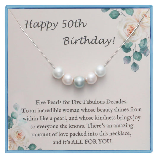 Sereney 50th Birthday Gifts for Her 50th Birthday Gifts for Women 925 Sterling Silver Chain with Five Pearl as Cool Gifts for 50 Year Old Woman or Mom, 50th Birthday Gift Ideas for Friends