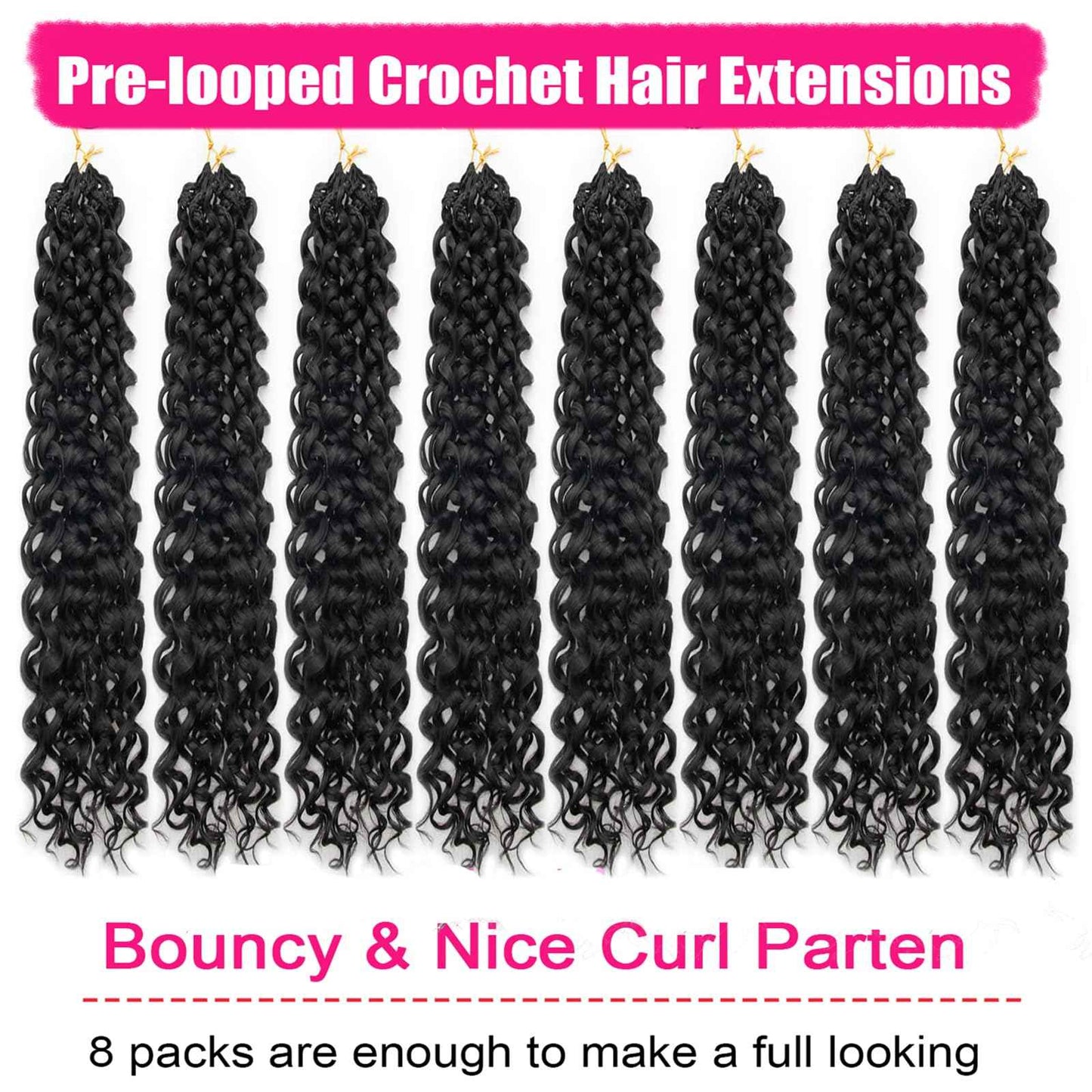 Gogo Curl Crochet Hair 8 Packs Ocean Wave Crochet Hair Pre Looped Long Deep Wave Hair Extension Synthetic Braiding Hair for Women Natural Black 24 Inch Color 1B