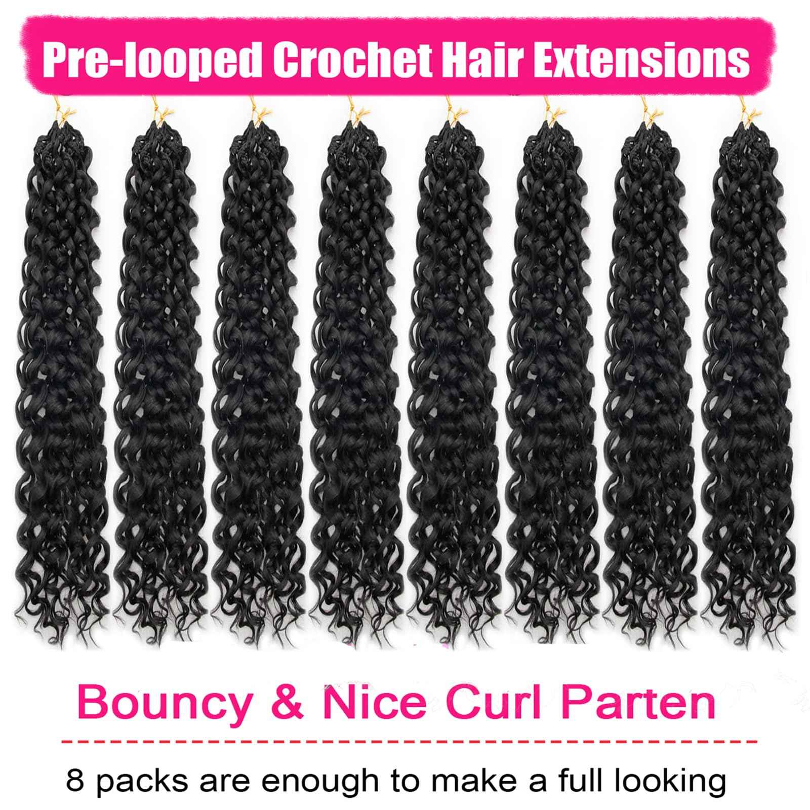 Gogo Curl Crochet Hair 8 Packs Ocean Wave Crochet Hair Pre Looped Long Deep Wave Hair Extension Synthetic Braiding Hair for Women Natural Black 24 Inch Color 1B