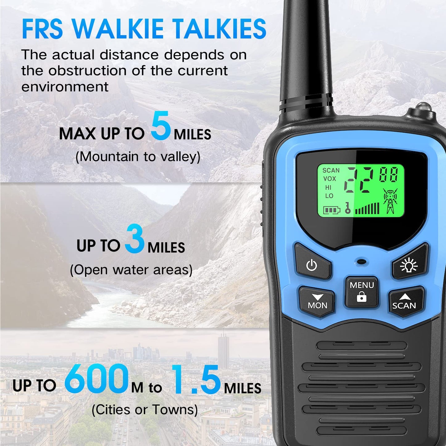 Walkie Talkies with 22 FRS Channels, MOICO Walkie Talkies for Adults with LED Flashlight VOX Scan LCD Display, Long Range Family Radios for Hiking Camping Trip (Blue, 4 Pack)