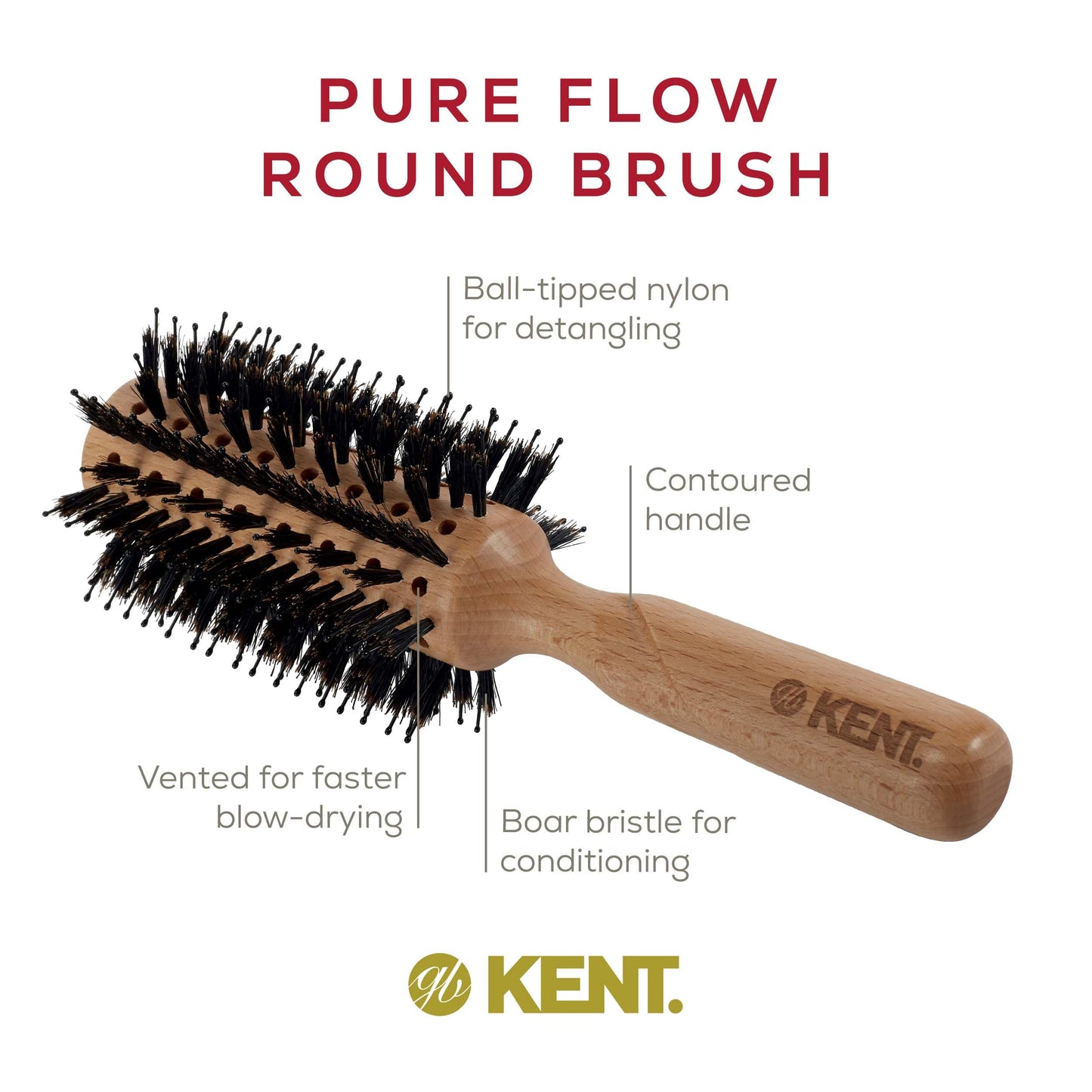 Kent LPF5 Pure Flow Large Vented Round Brush for Blow Drying - FSC Certified Beech Wood Brush Filled with Natural Boar Bristle and Nylon Bristle Hair Brush - Round Hair Brush for Blow Drying and Lift