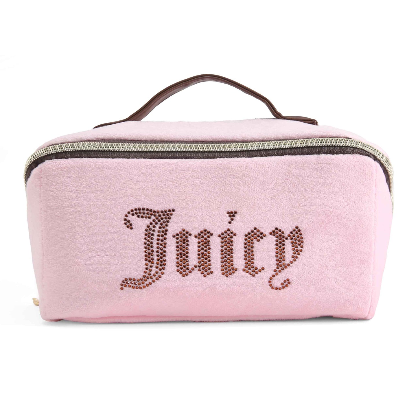 Juicy Couture Pink Brown Makeup Bag Cosmetics Organizer Travel Essentials Cross Zip Velour Rhinestone Brown Handle
