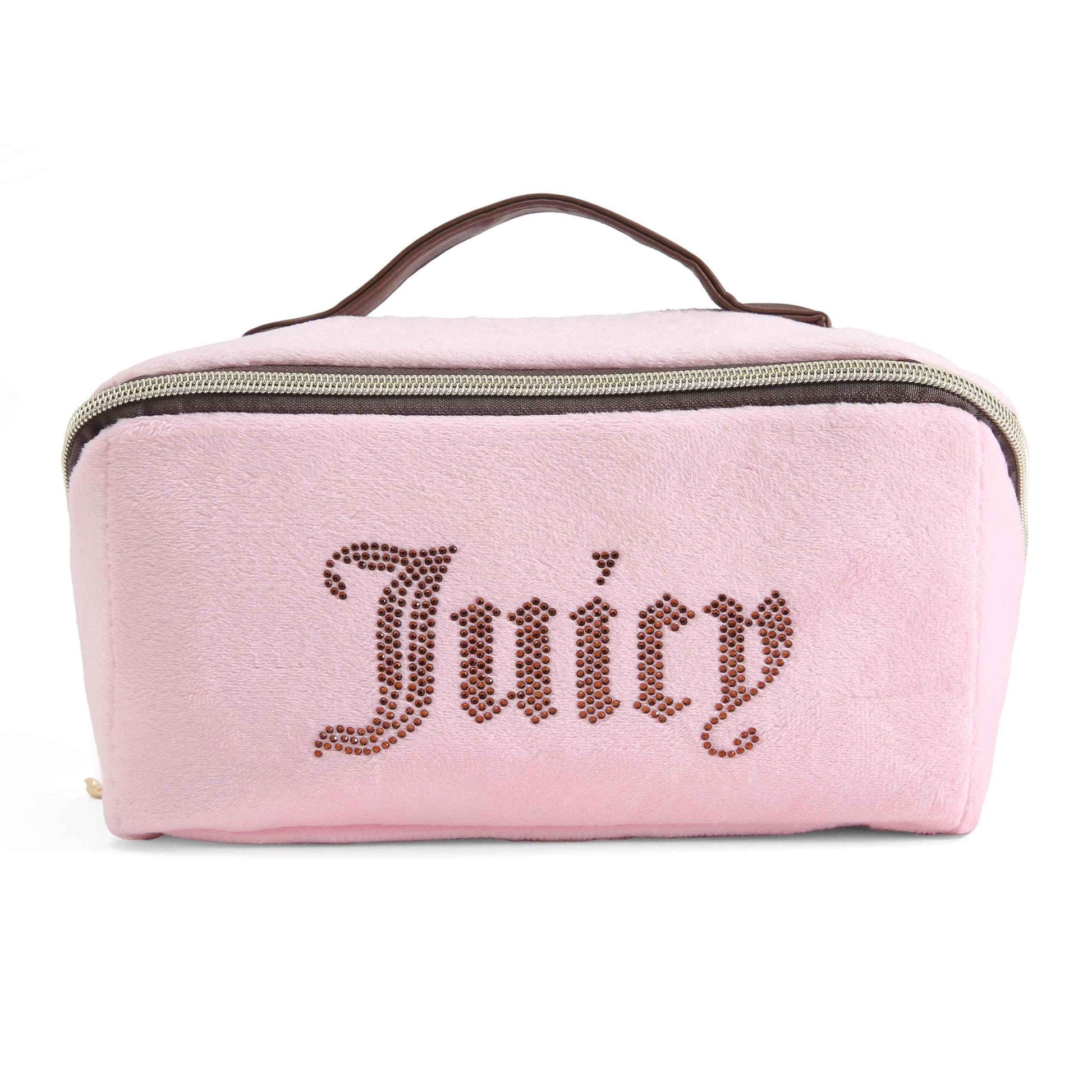 Juicy Couture Pink Brown Makeup Bag Cosmetics Organizer Travel Essentials Cross Zip Velour Rhinestone Brown Handle
