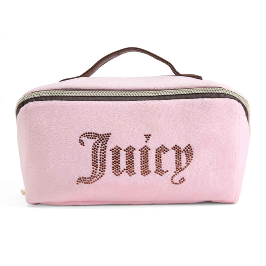 Juicy Couture Pink Brown Makeup Bag Cosmetics Organizer Travel Essentials Cross Zip Velour Rhinestone Brown Handle