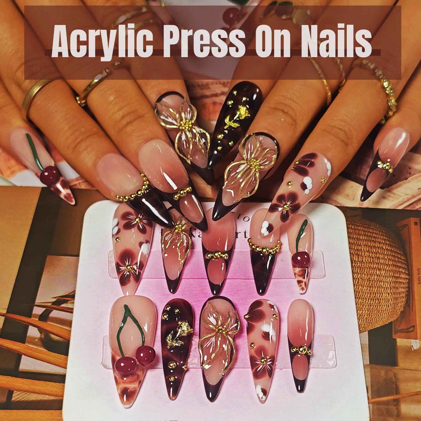 Handmade Press On Nails Stiletto, Brown Press On Nails Long, Flower 3D Acrylic Nails French Tip Blooming Amber Cherry For Women Gift, Reusable Stick On Fake Nails Kit With Nail Glue(Blooming Cherry-M)