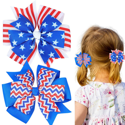 Patriotic Party Grosgrain Ribbon Barrettes - 4th of July Star Hair Clips, Alligator Clips for Women and Girls, Blue Stripes, Holiday and Memorial Day, 2PCS