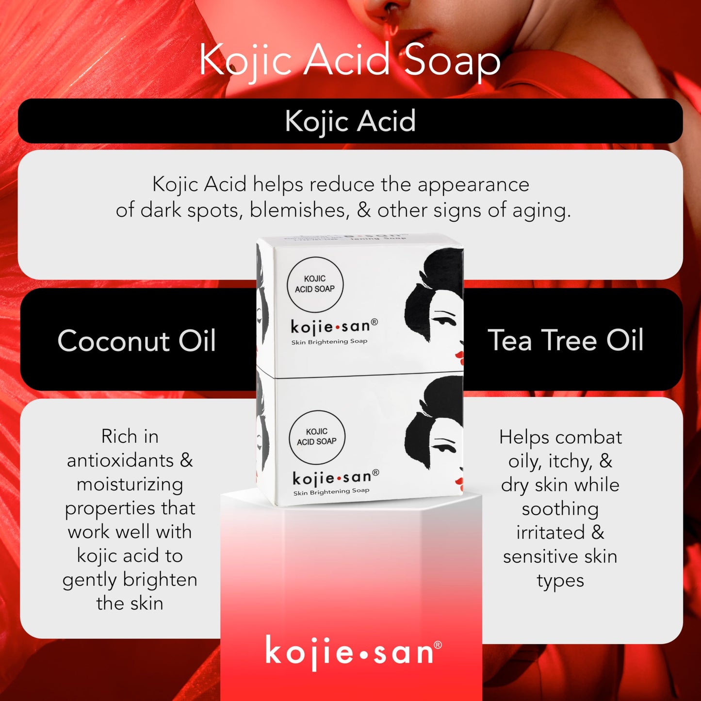 Kojie San Skin Brightening Soap - Original Kojic Acid, Dark Spot Remover Soap Bar with Coconut & Tea Tree Oil -135g x 6 Bars