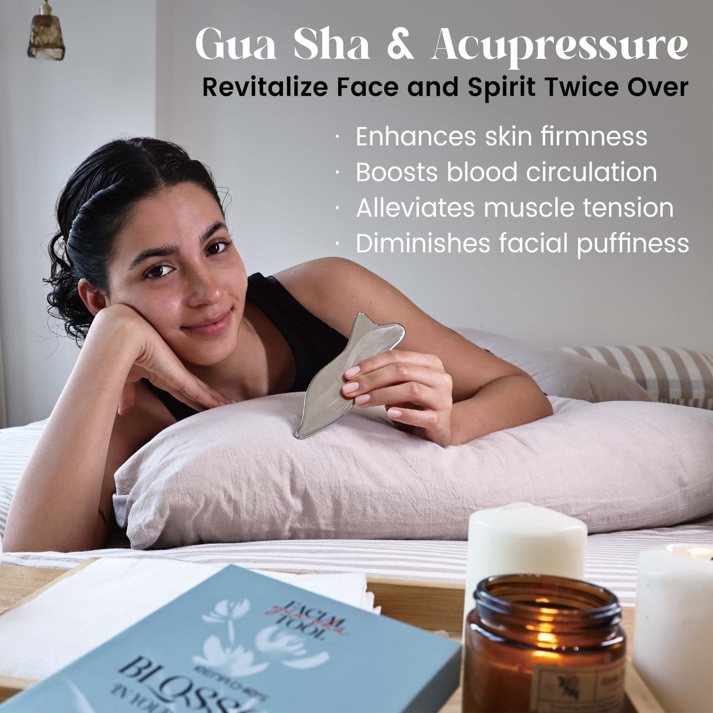 Rena Chris Stainless Steel Gua Sha Facial Tools - Acupressure & Gua Sha for Face Massage, Jawline Sculpting, Puffiness Reduction, Guasha Skin Care Tool with Carry Pouch and Cleaning Cloth