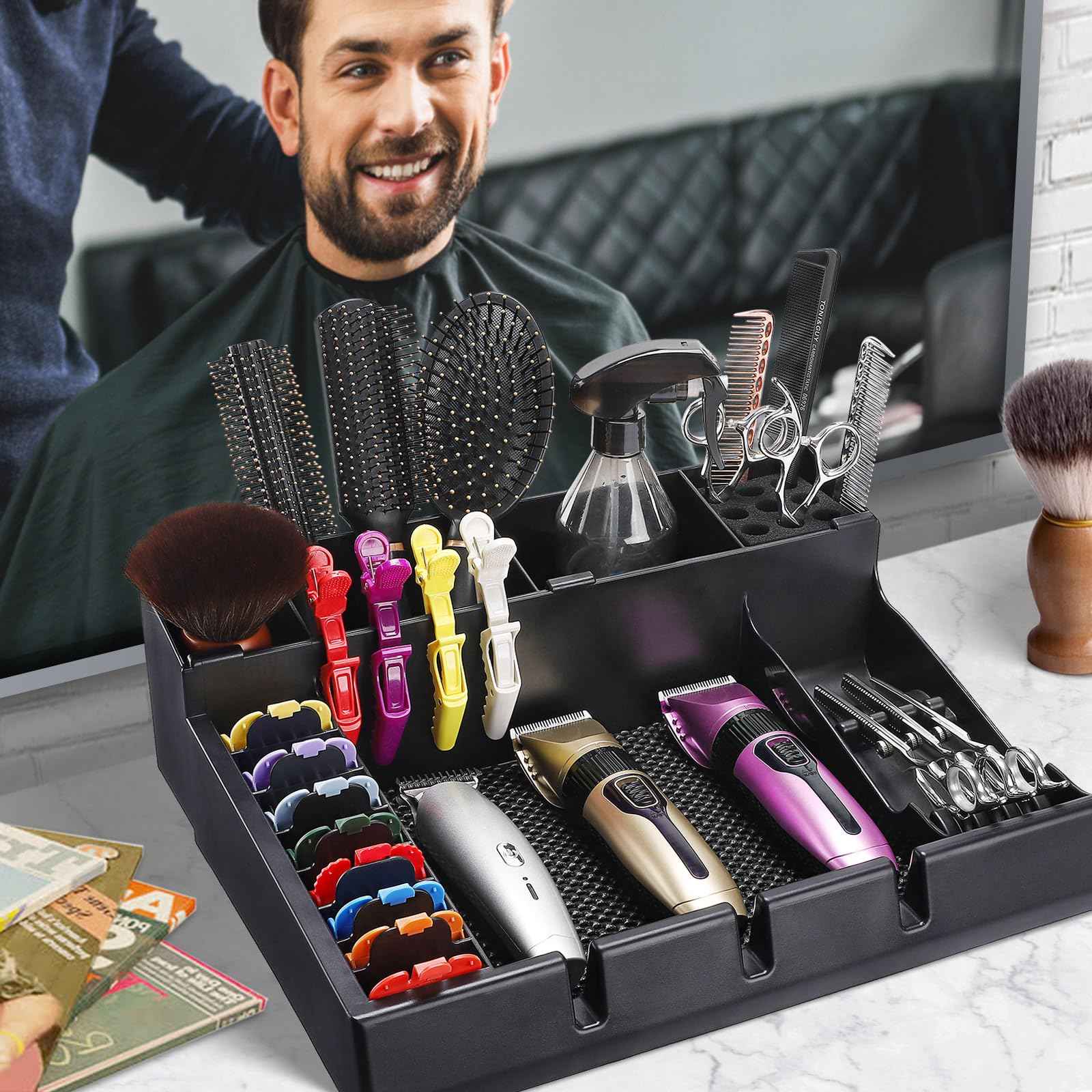 Large Barber Station Organizer for Corded Clippers & Guards, Barber Clipper Tray Anti-slip Hair Trimmer Holder, Multifunctional Detachable Hairdressing Tool Holder, Salon Haircut Supplies Storage Case