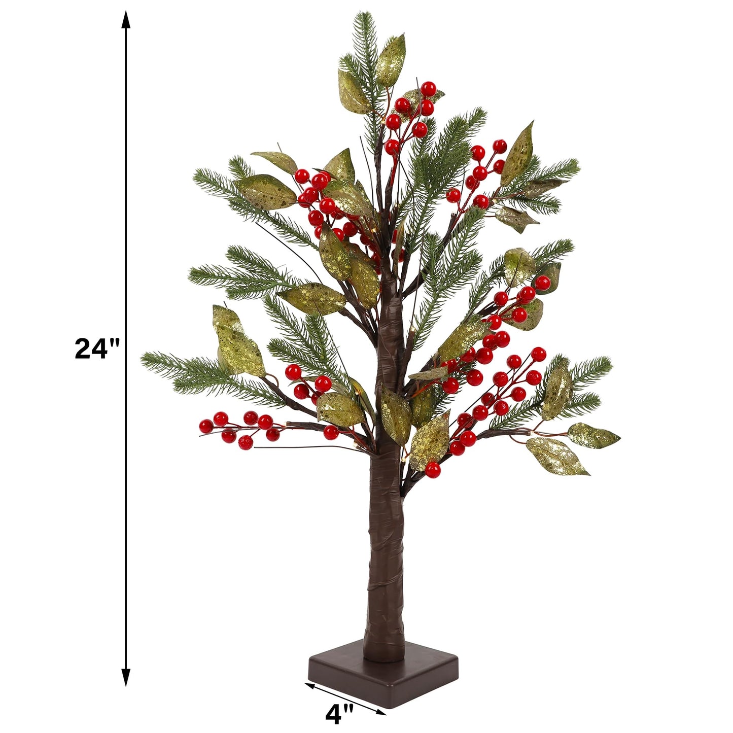 DR.DUDU 2 Pack Christmas Tree Decoration, Small Trees with Lights for Table, 24″ Pre-lit Artificial Christmas Tree Battery Operated with Red Berries Gold Leaves for Xmas Tabletop Indoor Home Decor