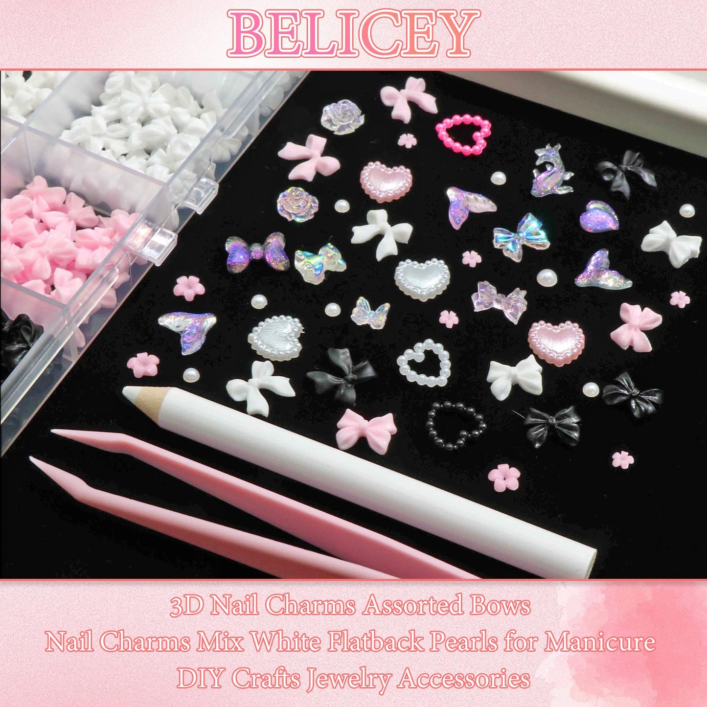 BELICEY 600PCS 3D Nail Charms and Flatback Pearls 3 Colors Bows Nail Art Charms Flower Heart Shaped Nail Charms Cute Kawaii Pretty Nail Beads Charm for Manicure DIY Crafts Jewelry Accessories