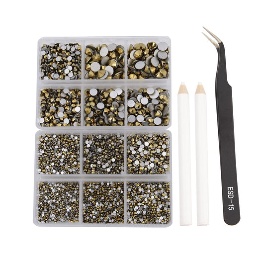 NCB 8000pcs Non Hotfix Rhinestones 10 Sizes Flatback Crystal Glass Rhinestones with Tweezers and Picking Pen for Nail Art Clothes Bags Phone Decorations Crafts DIY (032 Aurum Mix SS3-SS30)