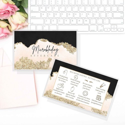 Boutique Marketing LLC Microblading Aftercare Cards | 50 Pack | Size 2x3.5 inches Business Card | PMU Pink, Black, and Gold Design