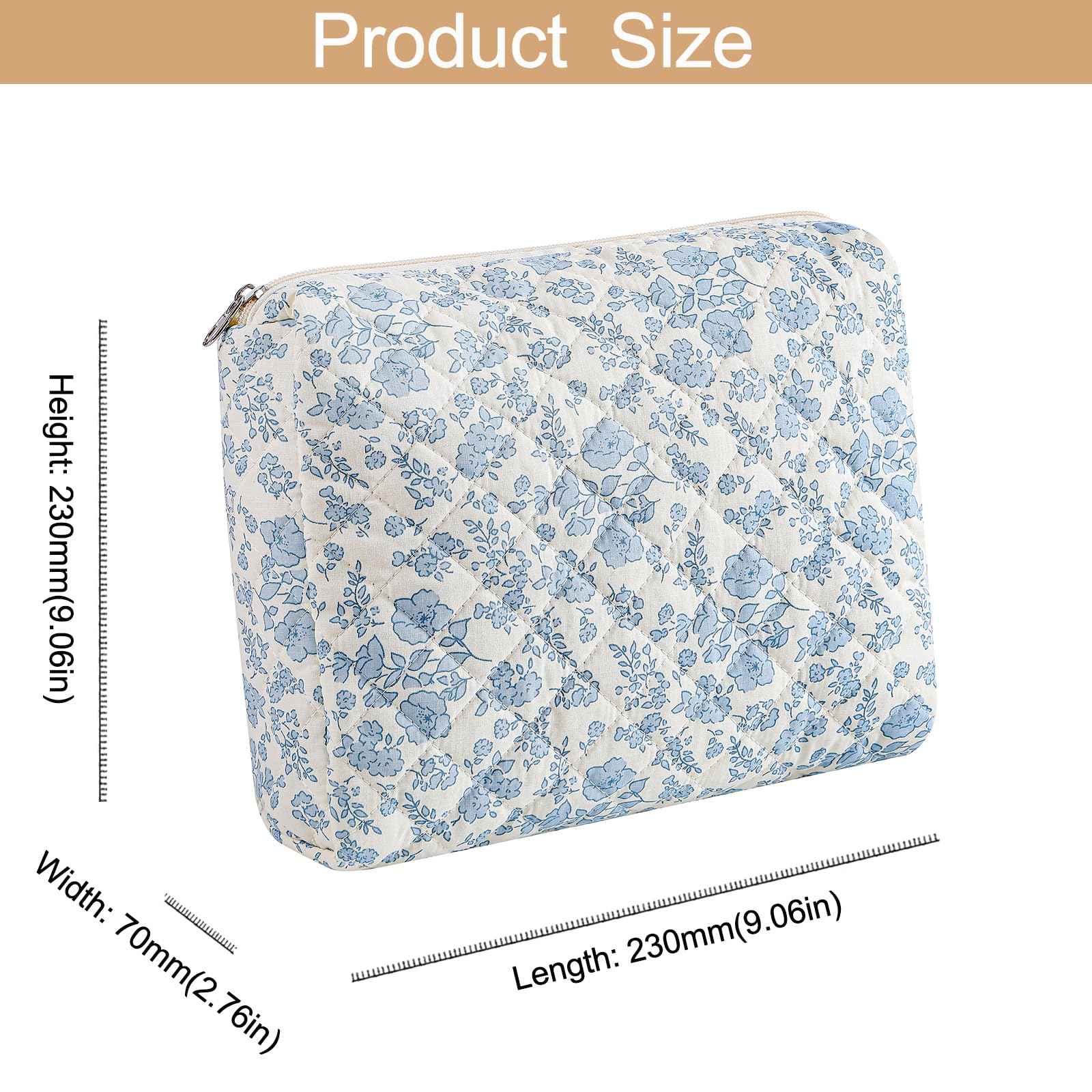 HHQQWZ Large Travel Makeup Bag Cosmetic Bag for Women Girls, Cute Large Floral Cotton Cosmetic Bag, Zipper Toiletry Bag Makeup Brushes Accessories Organizer Storage Bag (Blue Floral)