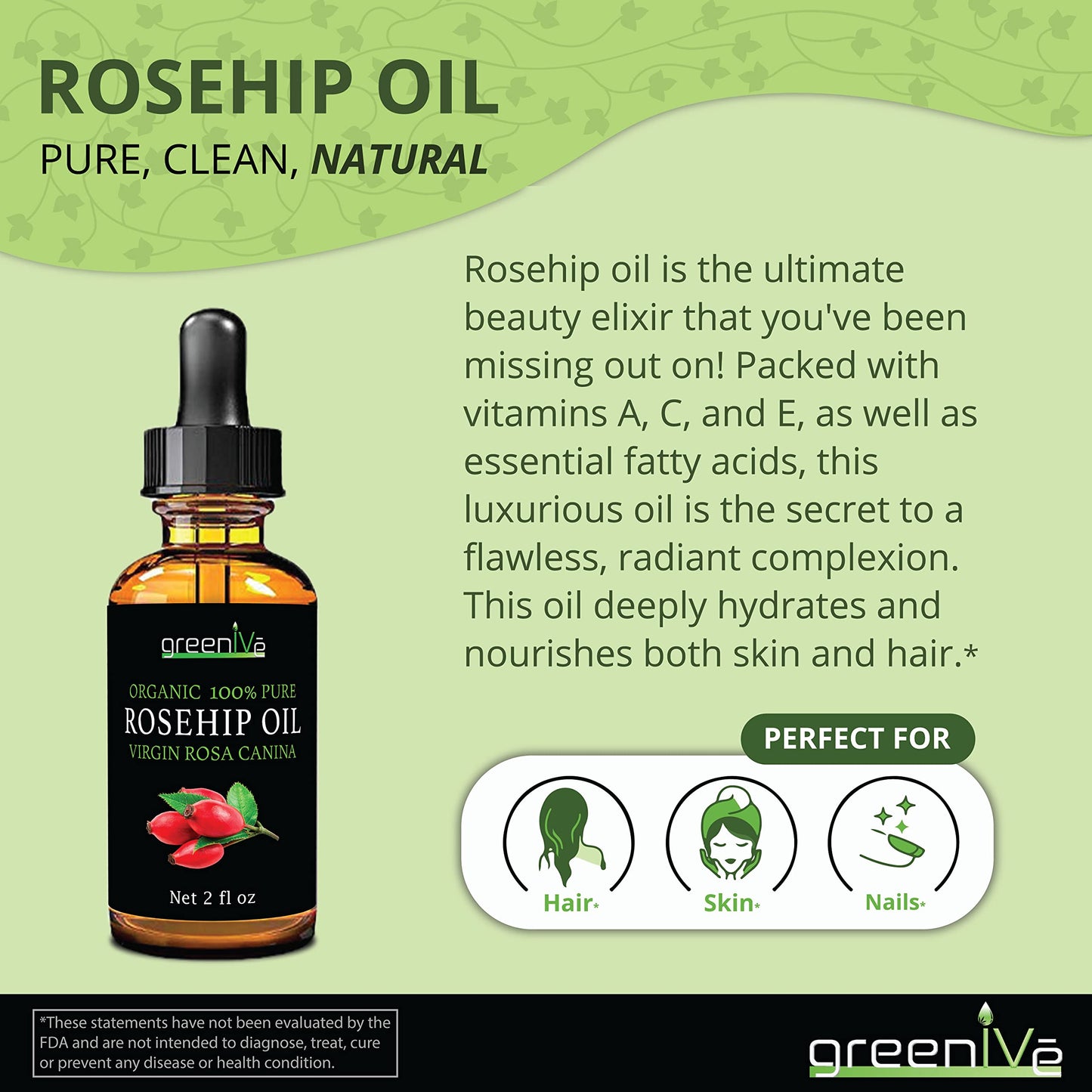 GreenIVe Organically Grown Rosehip Oil Rosa Canina 100% Pure Cold Pressed Virgin Oil (32 Ounce)