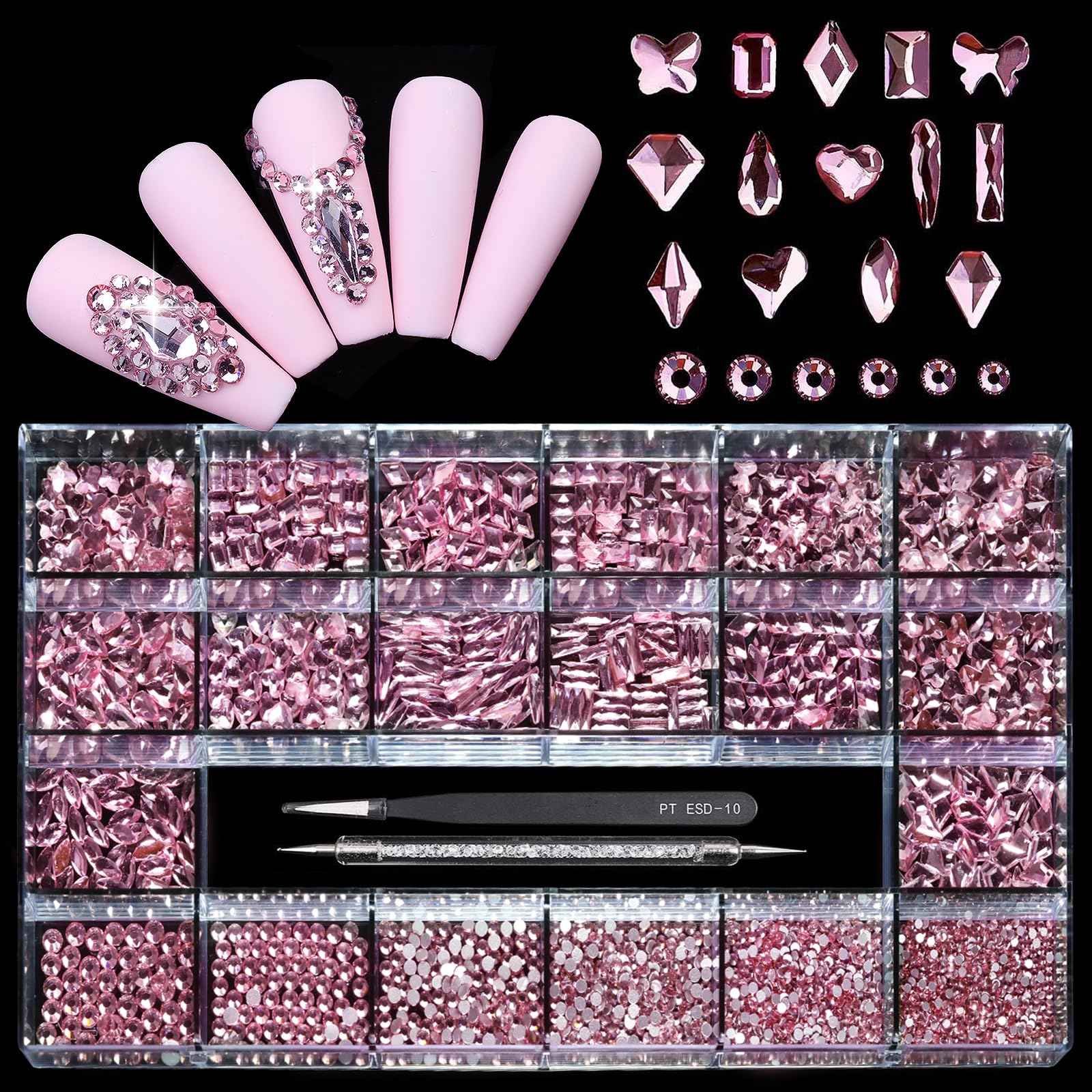 Yzzseven 14 Types of 700 Pink Diamonds + 1500 Flat Rhinestones Mix 20 Styles Flatback DIY Crafts Rhinestone Crystals 3D Ornament‌s Flat Back Stones Set + Tweezers + Drill Pen