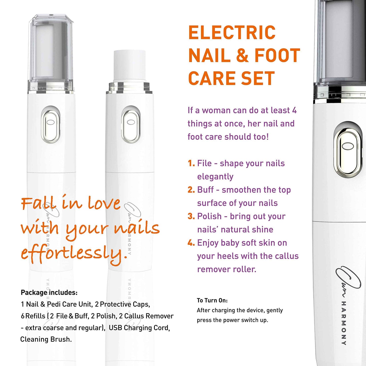 Own Harmony Electric Nail Buffer with Callus Remover Foot Care and 12 Rollers Bundle: Manicure Pedicure Tools Shine Kit - Best Electronic Mani Pedi Polisher Set to Buff, Polish, File Thick Toenails