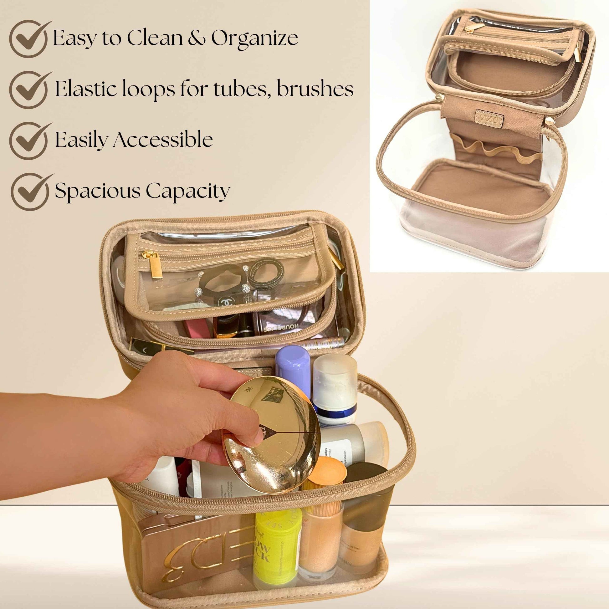 JAZD Clear Makeup Bag Toiletry Bag for Women Cosmetic Large Capacity Travel Make Up Bag Organizer Transparent Train Case TSA Approved (BEIGE)