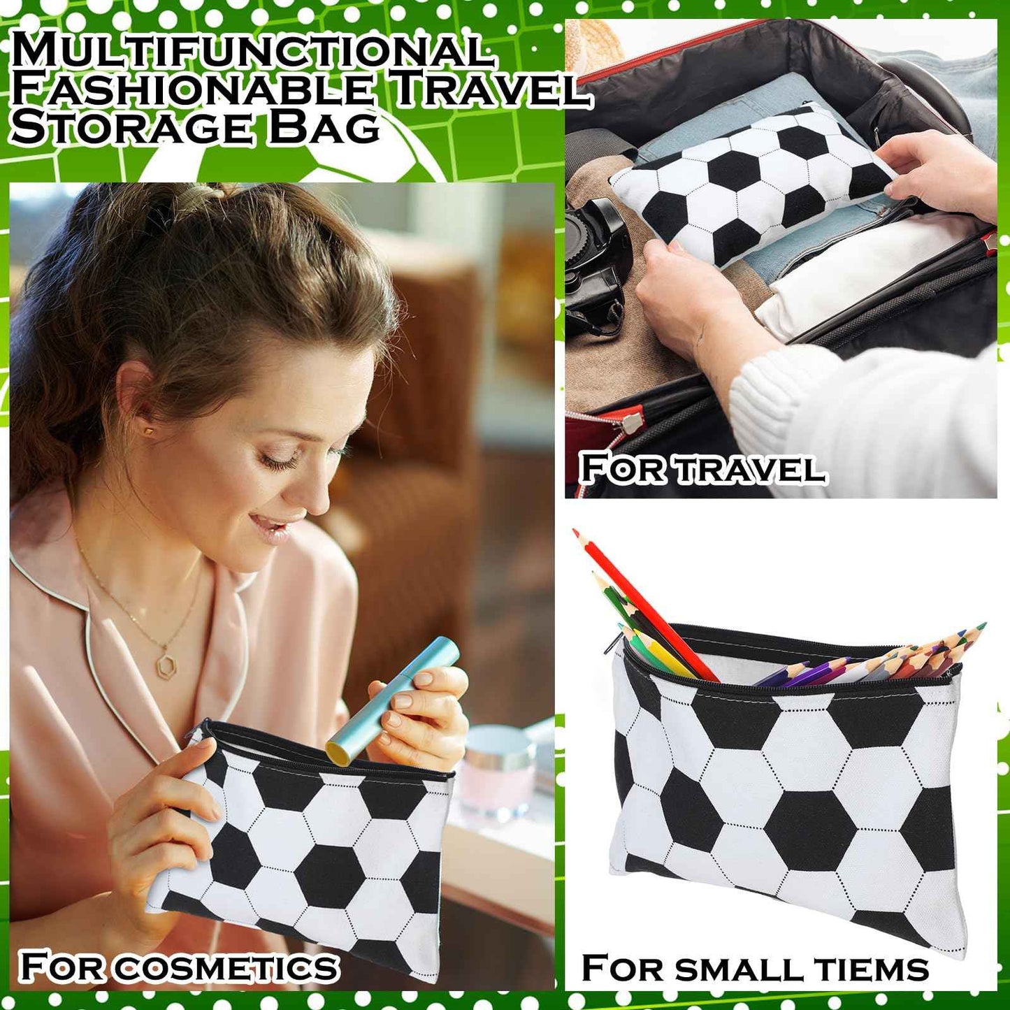 Sweetude 24 Pcs Soccer Sport Makeup Bag Cosmetic Bags Black and White Soccer Gift for Player Party Favor Bags with Zipper Travel Portable Storage Organizer for Women