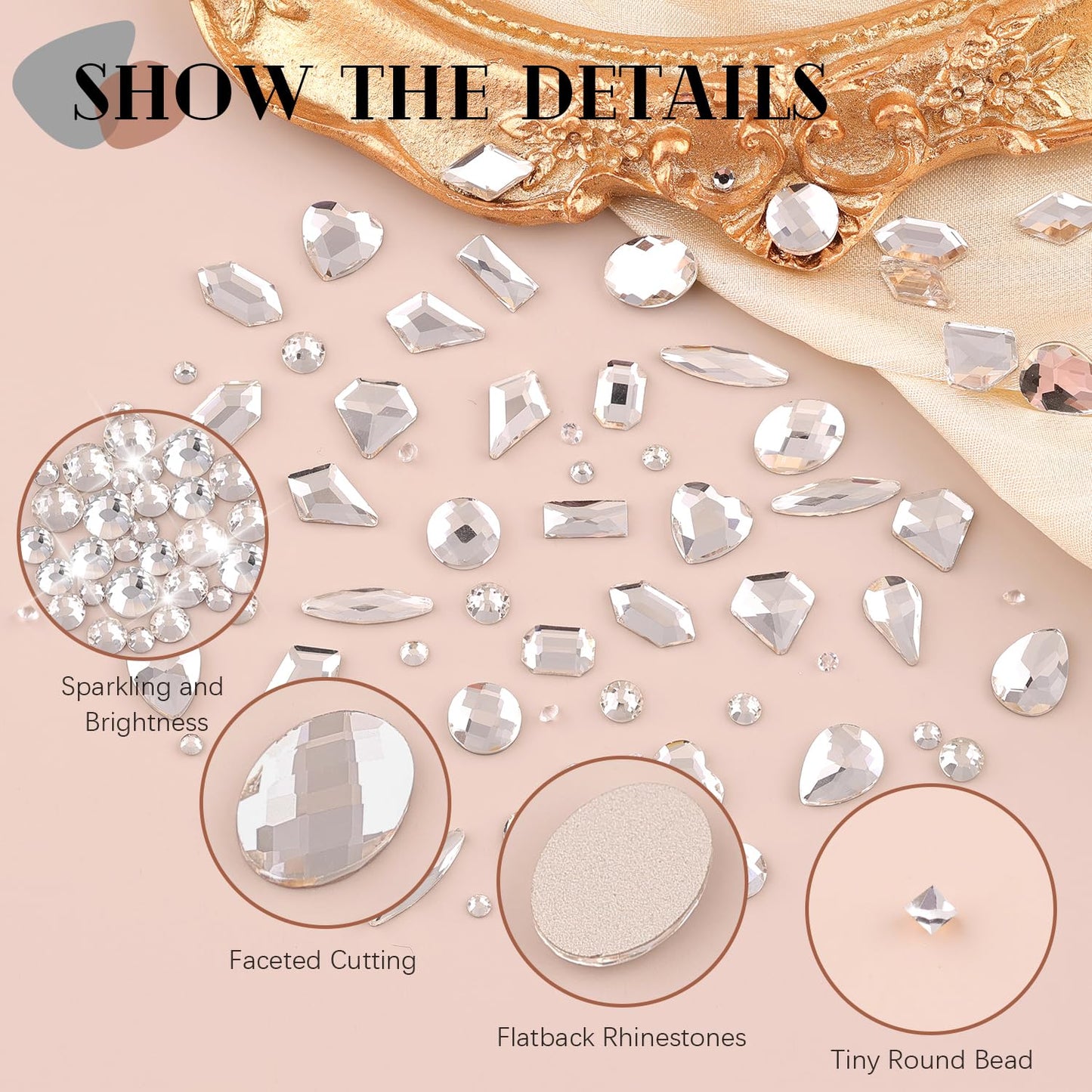 1560Pcs Clear Glass Nail Rhinestones 60Pcs Multi Shapes Flatback Gems Crystal + 1500Pcs 1.5-4mm Round Beads, Manicure Diomand Jewelry Gemstones for Nail Design Makeup Acrylic Nails Decoration