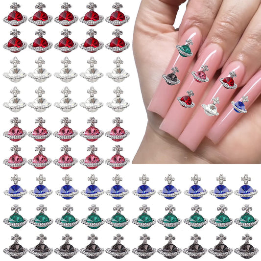 60Pcs Planet Nail Charms, 3D Nail Charms Y2K Silver Alloy Nail Rhinestones for Acrylic Nails Saturn Shape Crystals Nail Gems, Luxury Diamonds Nail Jewels for Nail Art DIY Nail Designs (6 Colors)