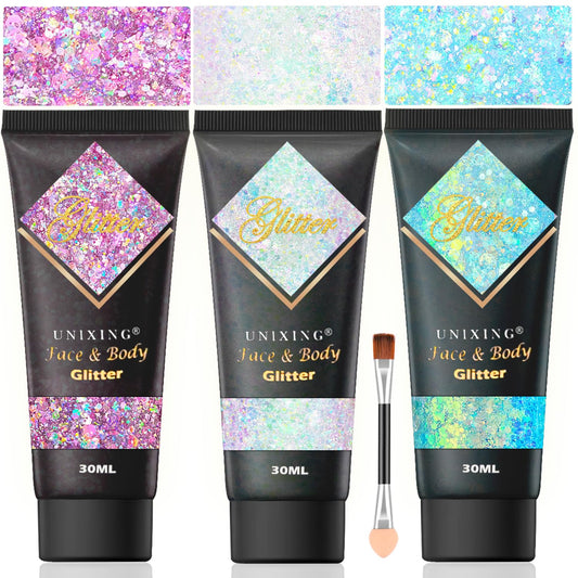 3Pcs Body Glitter Gel, Face Glitter Gel,Hair Glitter, Self Adhesive Glitter Gel for Makeup, Mermaid Sequins Glitter Face Paint, Chunky Glitter for Mardi Gras Concerts Music Festival Rave