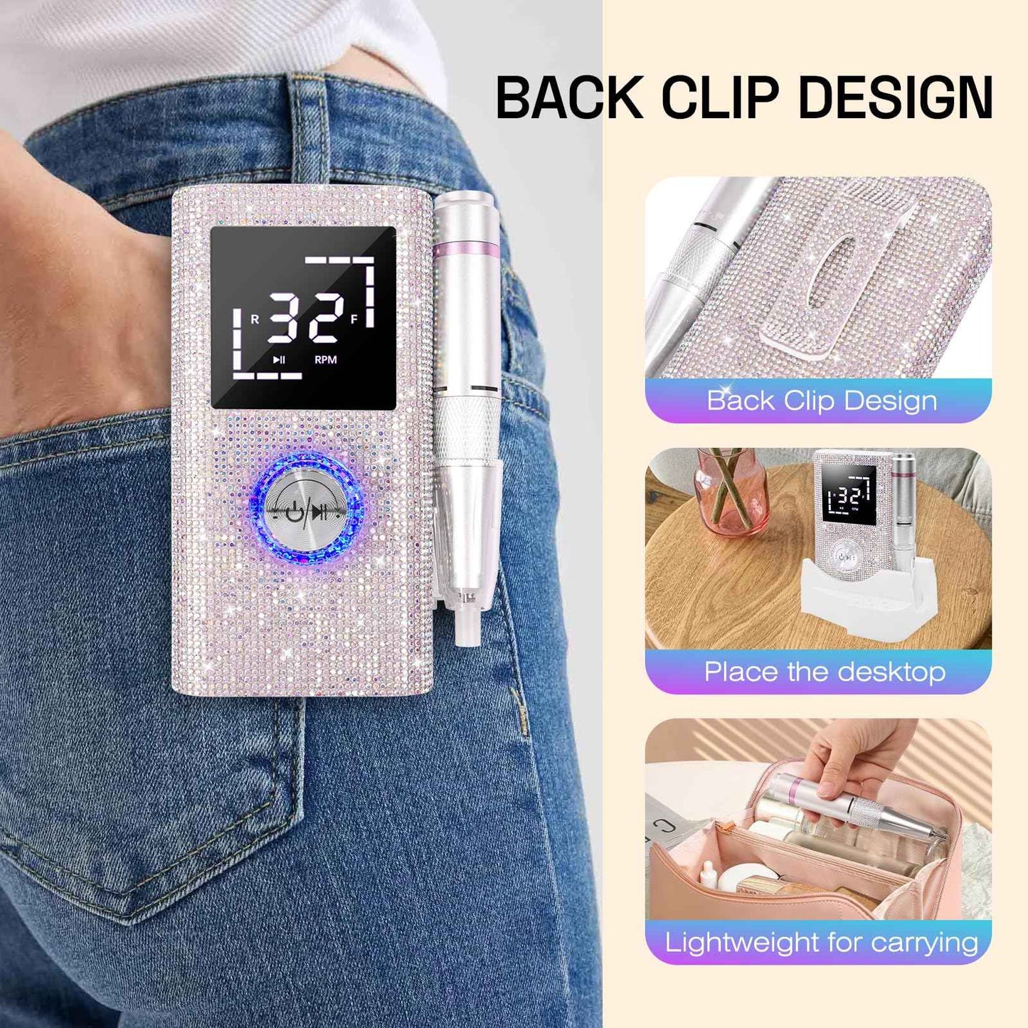 Electric Nail Drill File Machine: Professional 45000RPM Cordless Nail Tool with Stepless Speed Knob for Acrylic Gel Dip Powder Nails, Portable Manicure Pedicure Kit for Home Salon Use