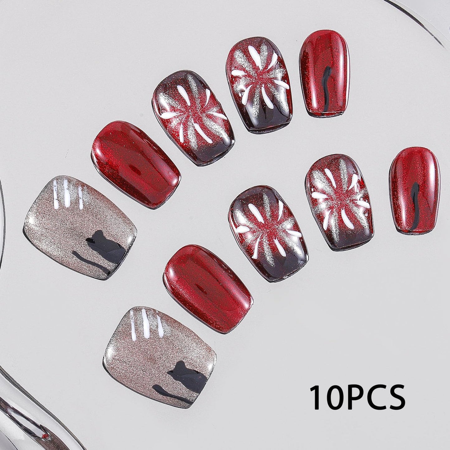 Sethexy Cat Eye Handmade Press On Nails Short Coffin Red False Nails Glossy Acrylic Fake Nails with Design Salon Nail for Women and Girls 10PCS (Red)