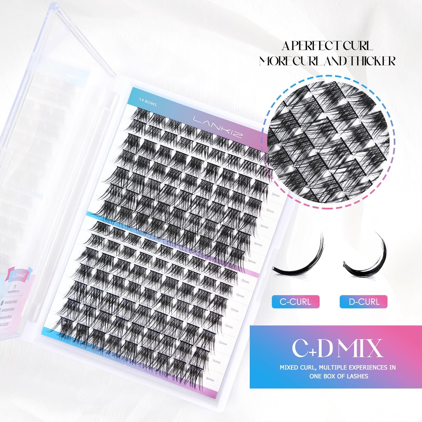 LANKIZ Lash Clusters DIY Lash Extensions, C+D Individual Lashes Mix Curl, Volume Wispy Cluster Lashes, 10-16mm Cluster Eyelash Extensions, 126pcs Wide Stem Soft Lashes that Look Like Extensions