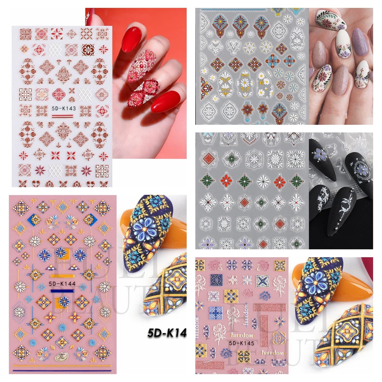 Nail Art Stickers 3D Retro Style Nail Decals Self Adhesive Nail Supplies Flower Totem Nail Stickers for Women Manicure Decoration DIY Nail Art Design