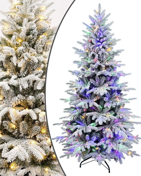 4ft Flocked Pre-lit Christmas Tree, Leheyhey Artificial Small Christmas Tree with LED Multicolor Lights & 739 PE PVC Tips, Frosted Lighted White Christmas Tree with Snow, 9 Color Modes for Party Decor